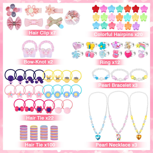 172 piece jewelry toy set for girls, including jewel rings, necklaces, bracelets, hair ties, hair clips, princess dress-up toys. Perfect gifts for girls aged 3-10+ for birthdays and Christmas.