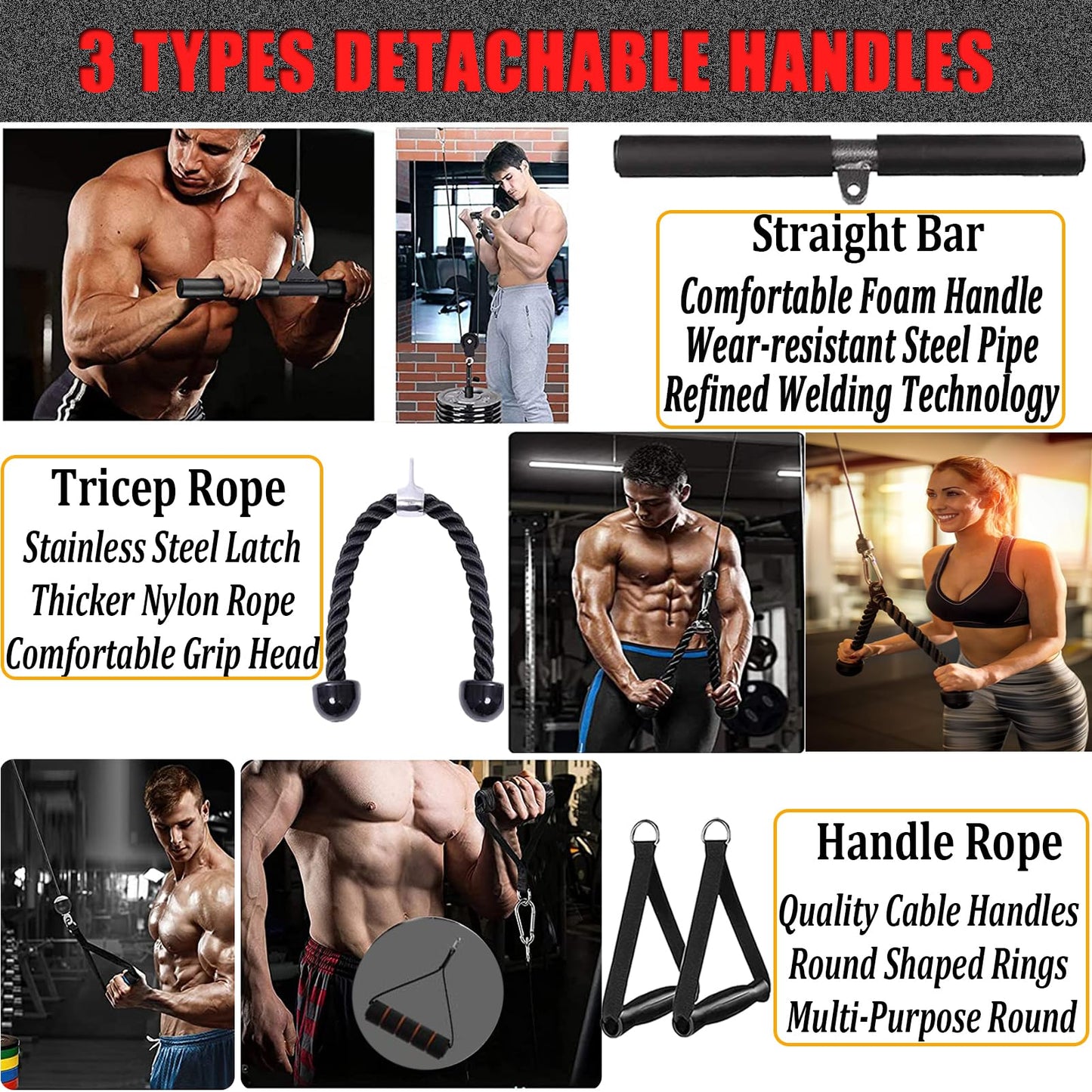 Taeku Cable Pulley Fitness, Upgraded Weight Cable System for LAT Pull Down Biceps Curl Triceps Arm Training Weight Plate System Accessories for DIY Gym (3 Cables + 3 Handles)