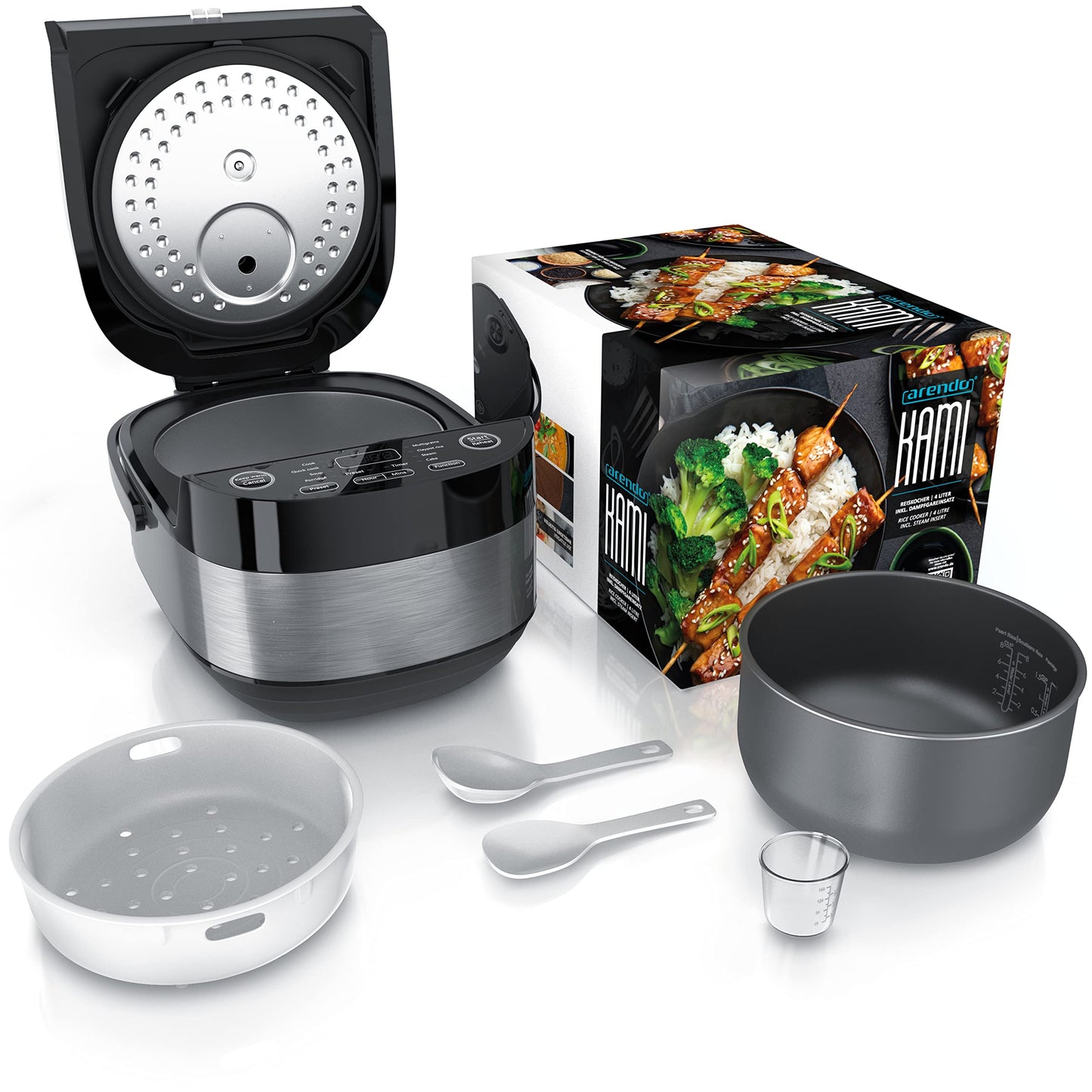 Arendo - Rice Cooker Multicooker Digital and Steamer 4L - 3D Heating System - 8 Programs - Keep Warm Function - Timer - Non-Stick Coating - including Steaming Insert, Measuring Cup, Rice Scoop, Black