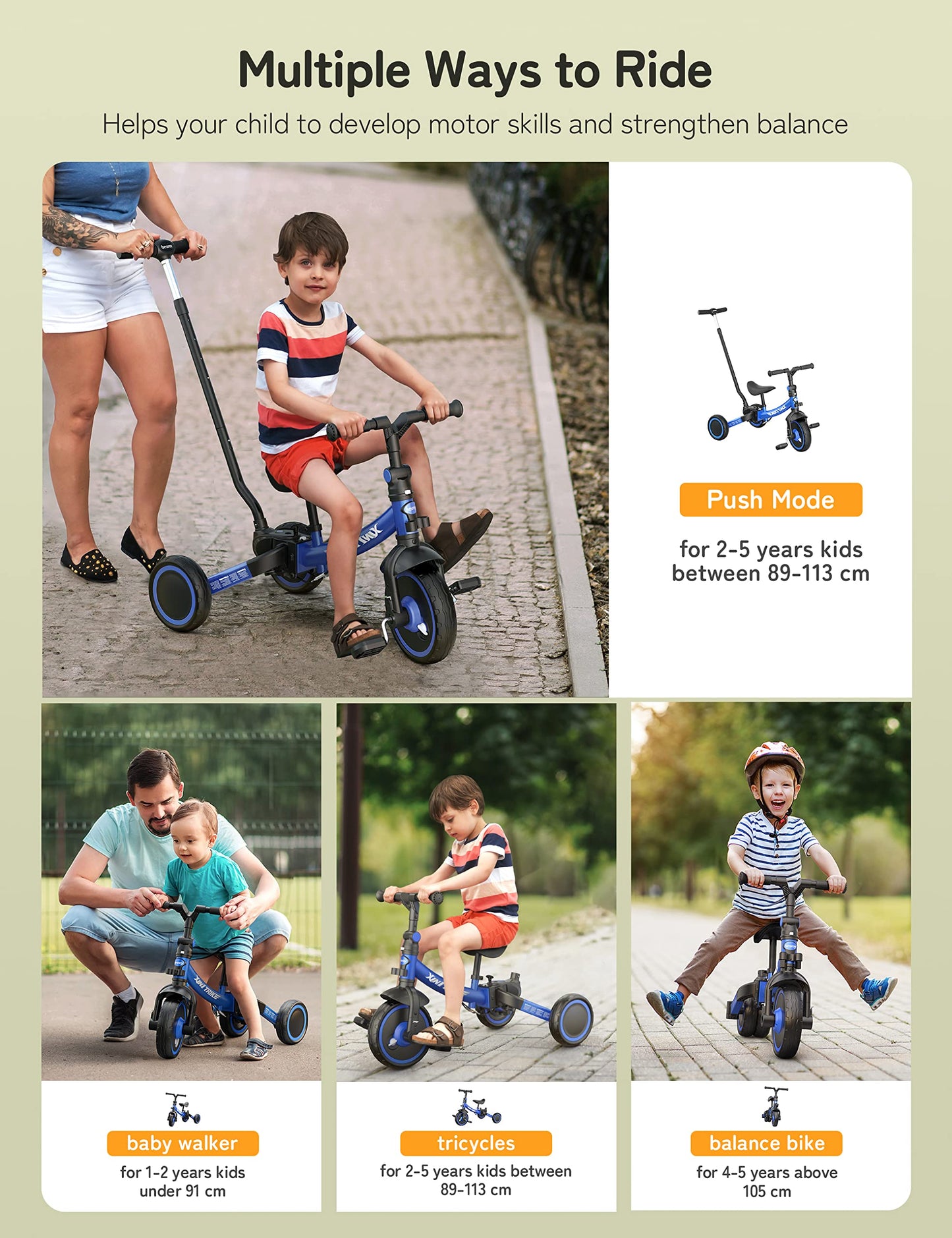 Besrey 7 in 1 toddler tricycle with steering push handle for 1-5 years, foldable wheels, toddler bike with wheel coupling, larger wheels, removable pedals, adjustable seat height, Blue