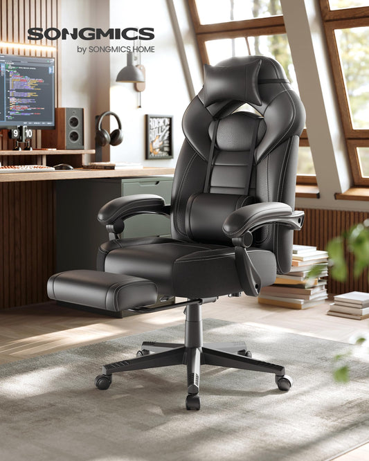 SONGMICS Gaming Chair, Office Chair, Computer Chair, ergonomic design, with footrest, adjustable headrest, lumbar pillow, weight capacity 150 kg, black OBG077B01