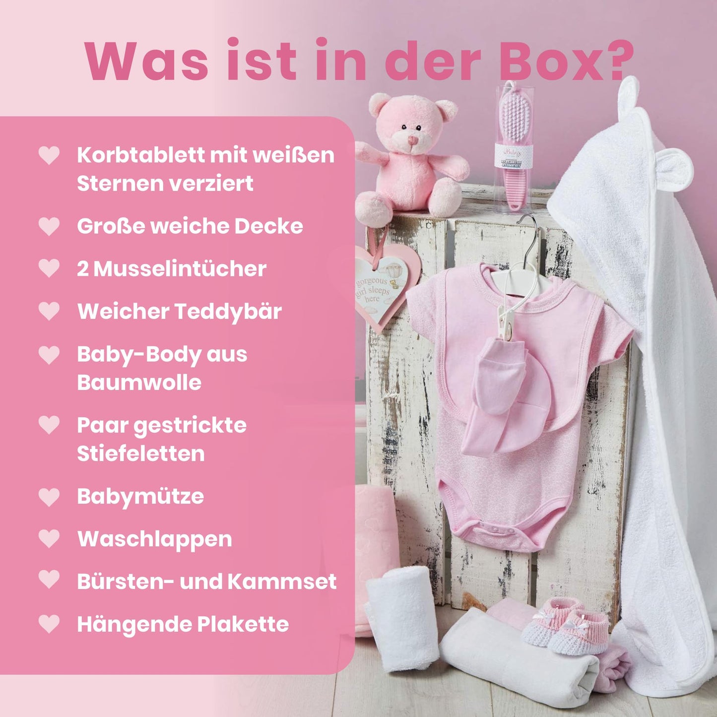 Baby gift set and memory box - Pink, Hand-wrapped gift for baby girl - with teddy bear, baby shoes, onesie, bib, hat, blanket, hooded towel, hanging sign.