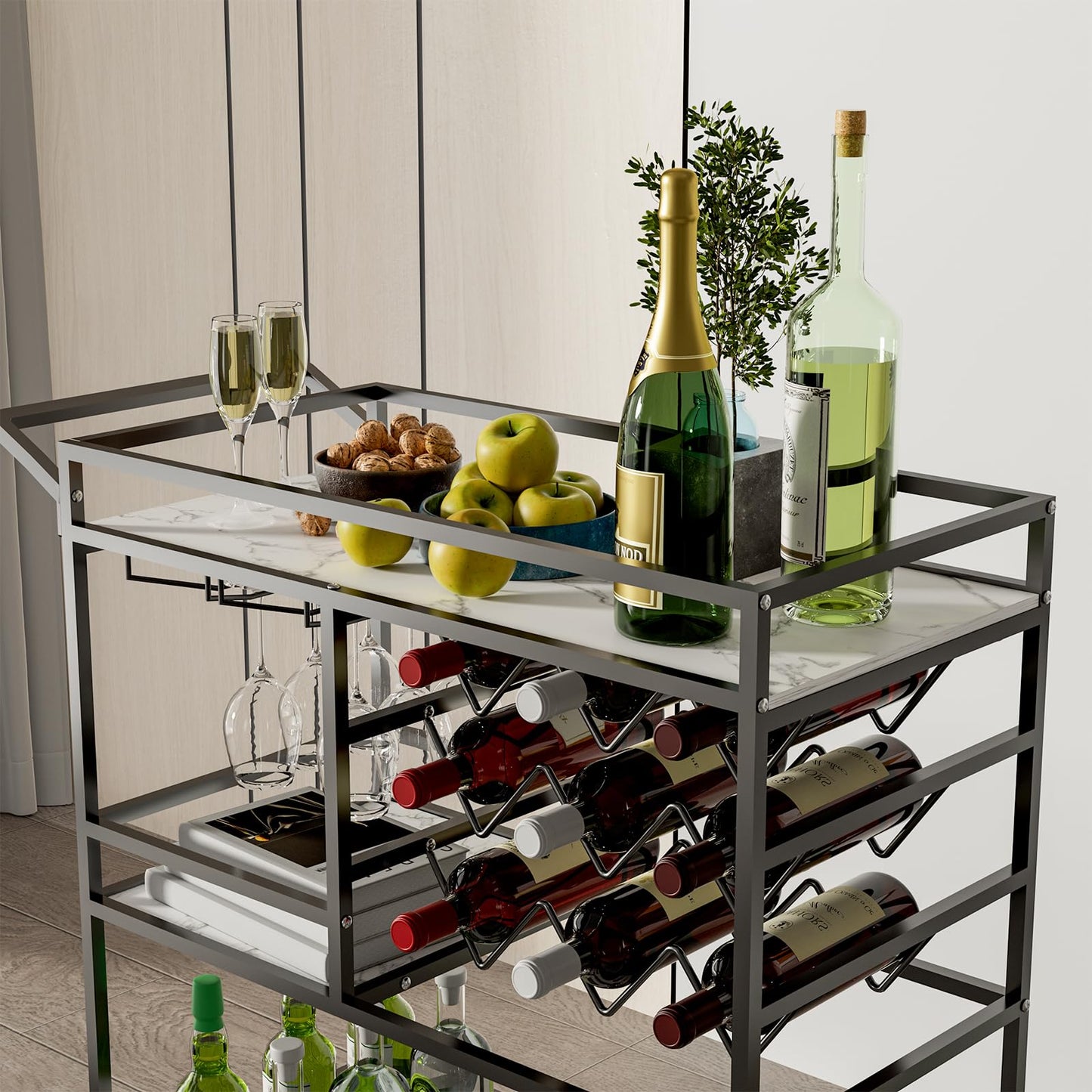 DAWNYIELD 3-tier mobile wine cart, bar serving cart on wheels with wine and glass shelves, modern rolling wine storage cart for kitchen home parties (Black)