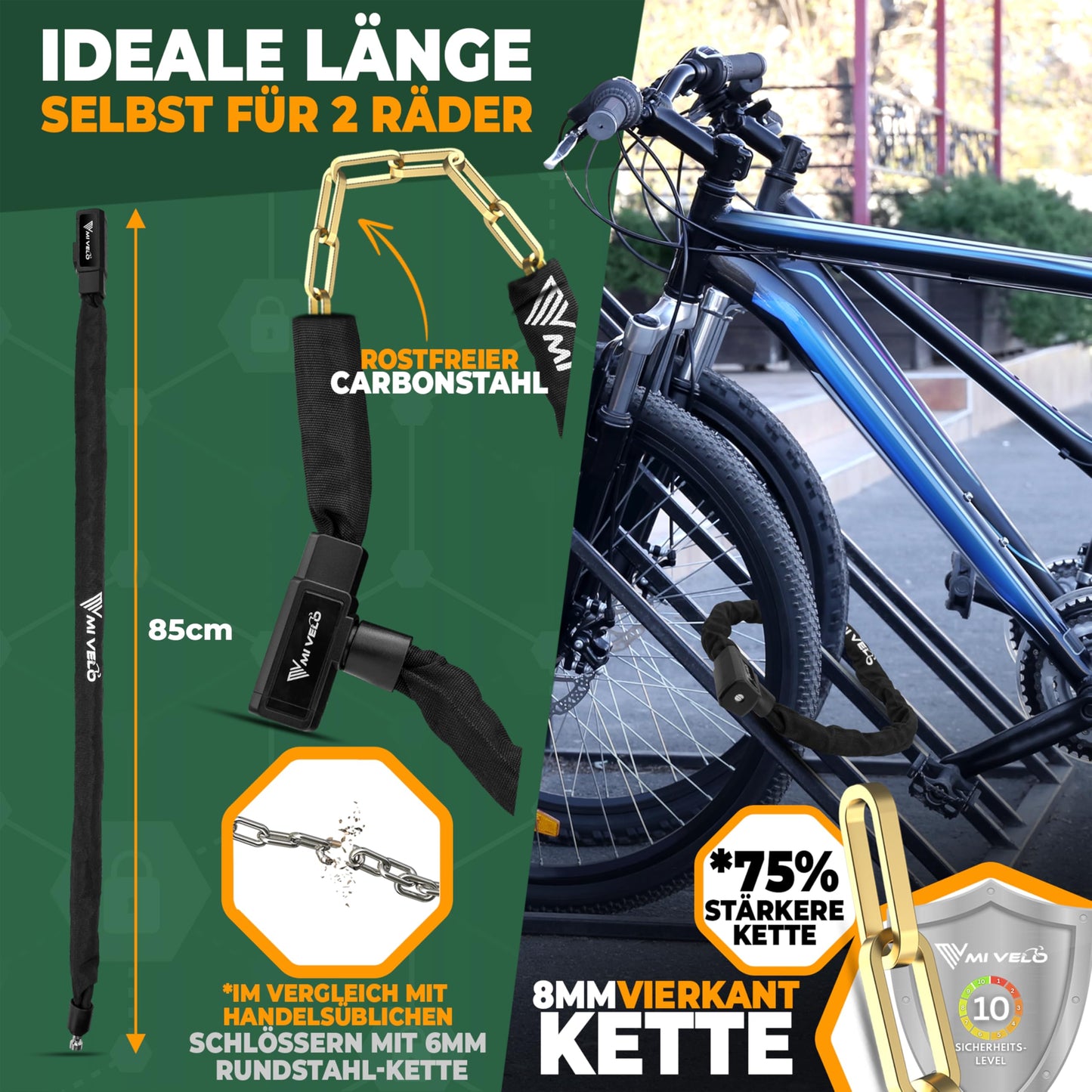 MIVELO bike lock chain lock made of hardened steel - 85cm long I bike lock - chain locks high security I 8mm square chain - bike lock for bicycle, e-bike & e-scooter (With key)