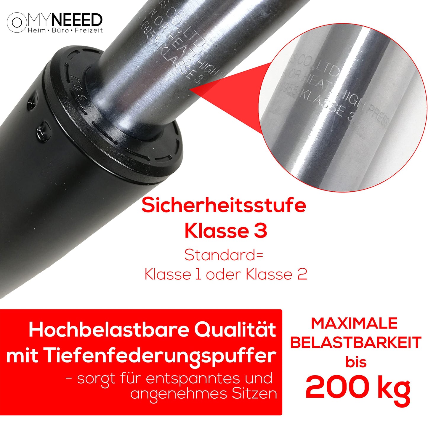 MYNEEED Office Chair Gas Spring - Gas Pressure Spring Load Capacity up to 200 kg - Gas Pressure Damper for Swivel Chair, Executive Chair, Stool, Desk Chair - Gas Spring Column Office Chair, Standpipe Length: 185 mm Black