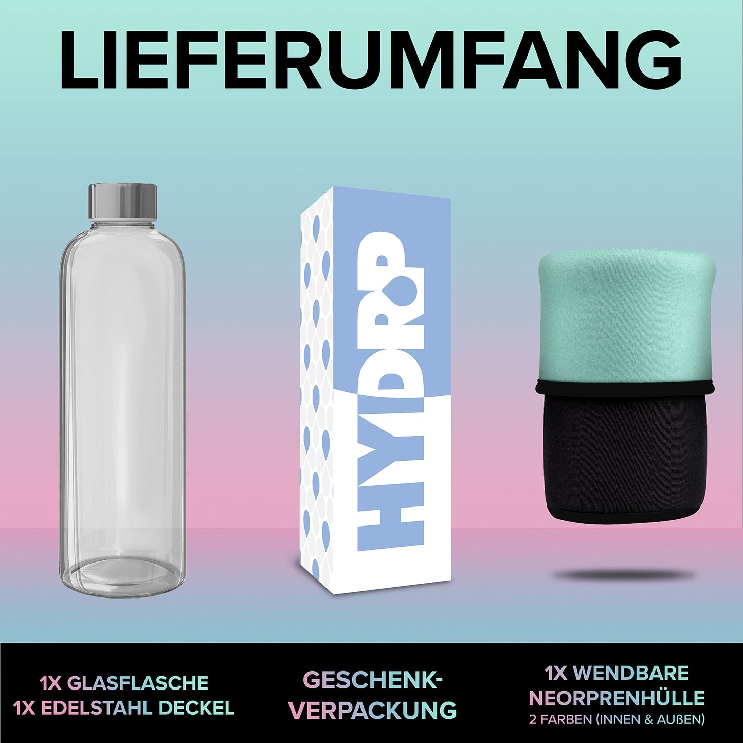 HYDROP® AWARD WINNING Glass Bottle 1 Liter with protective sleeve shatterproof - Glass drinking bottle in 1L or 750ml suitable for carbonation & leak-proof - Glass water bottle with high-quality gift packaging