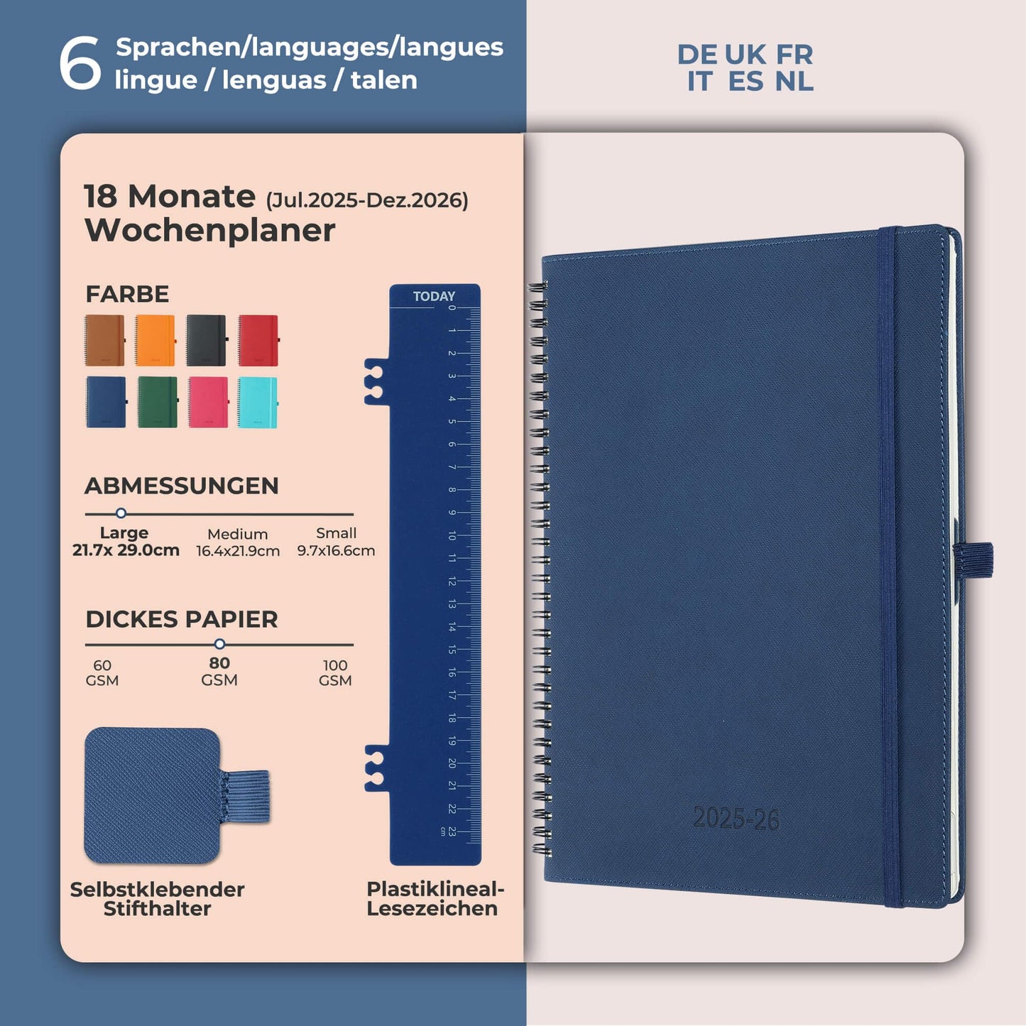 IN-LUXPRO Calendar 2025 2026 Weekly Planner, A4 (29 x 21.7cm), 18-Month Book Calendar (Jul.2025-Dec.2026) Ring binder with softcover, weekly calendar with self-adhesive pen holder, Navy Blue.