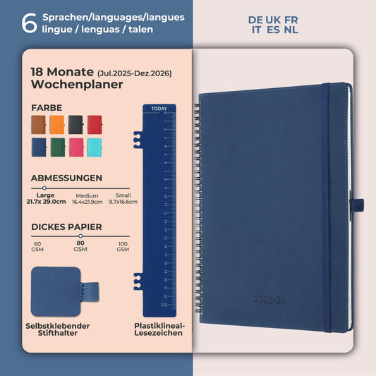 IN-LUXPRO Calendar 2025 2026 Weekly Planner, A4 (29 x 21.7cm), 18-Month Book Calendar (Jul.2025-Dec.2026) Ring binder with softcover, weekly calendar with self-adhesive pen holder, Navy Blue.