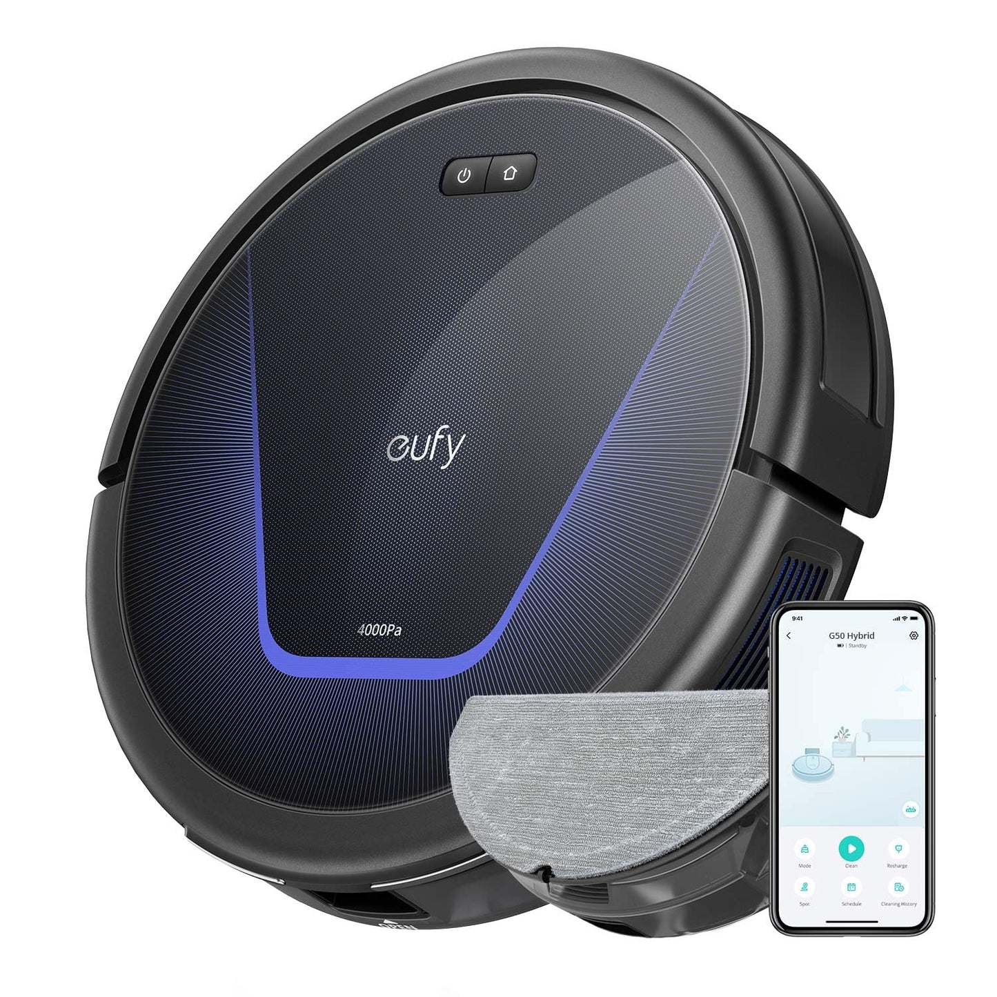 Eufy G50 Hybrid Robot Vacuum with Mop Function & 4,000Pa Strong Suction Power, Dynamic Navigation, Pro-Tangle-Free Brush, Mopping Pad for Light Surface Cleaning, Ideal for Pet Hair & Hard Floors