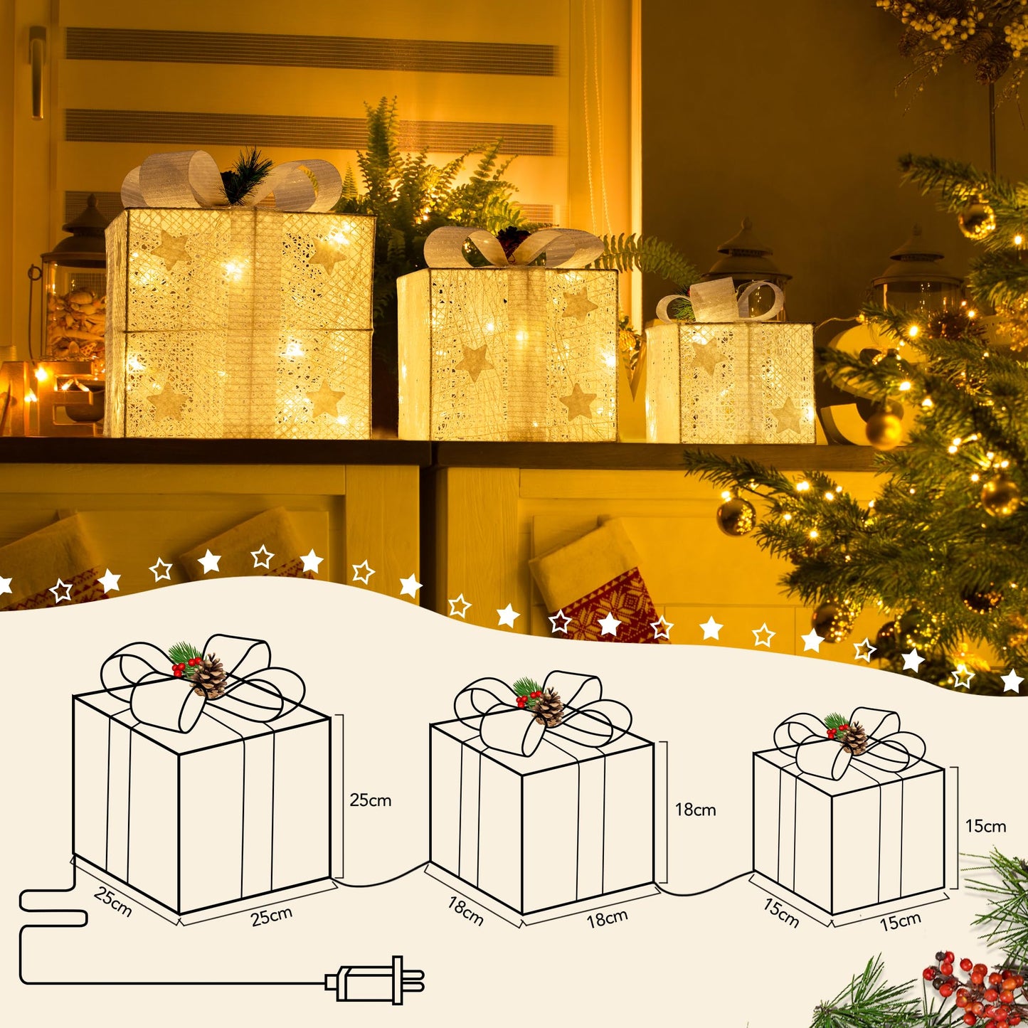 GIGALUMI LED Gift Box 3-Piece Set Christmas, 8 Modes 60 LED Glow Christmas Box, String Lights Lightbox with Plug for Indoor, White Christmas Decoration Xmas Decor Warm White