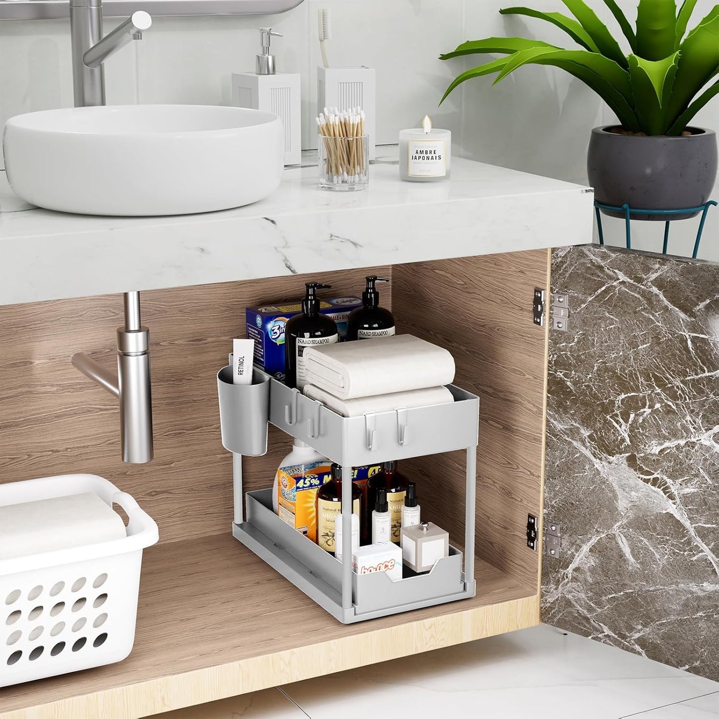Puricon Under Sink Shelf, 2 Tier Standing Rack Kitchen Countertop Organizer, Multifunctional Kitchen Shelf Spice Rack Under Cabinet Shelf Sink Cabinet Rack - Grey