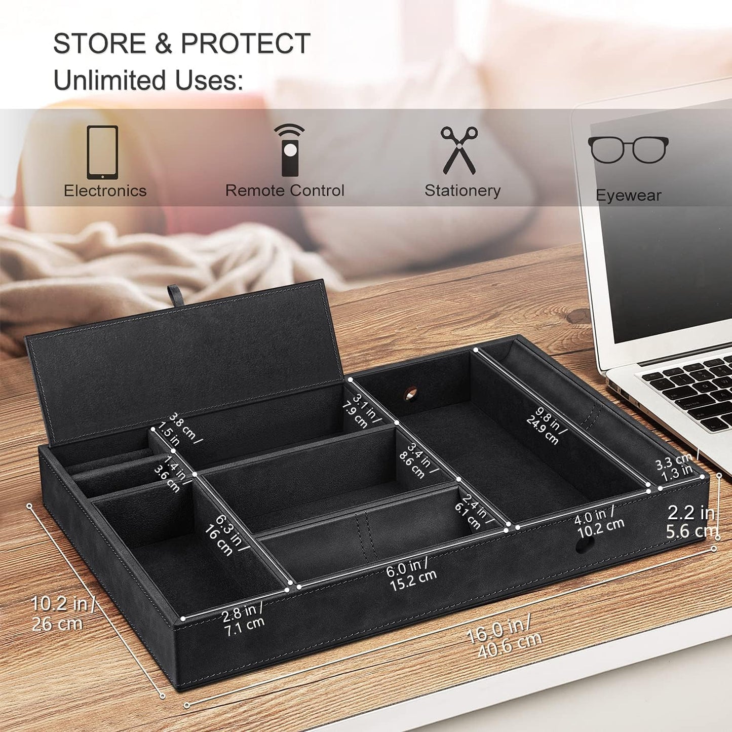 SITHON pocket emptier table organizer, 8 compartments tray organizer storage box faux leather nightstand cosmetic tray nightstand coin box key jewelry organizer, (Black)