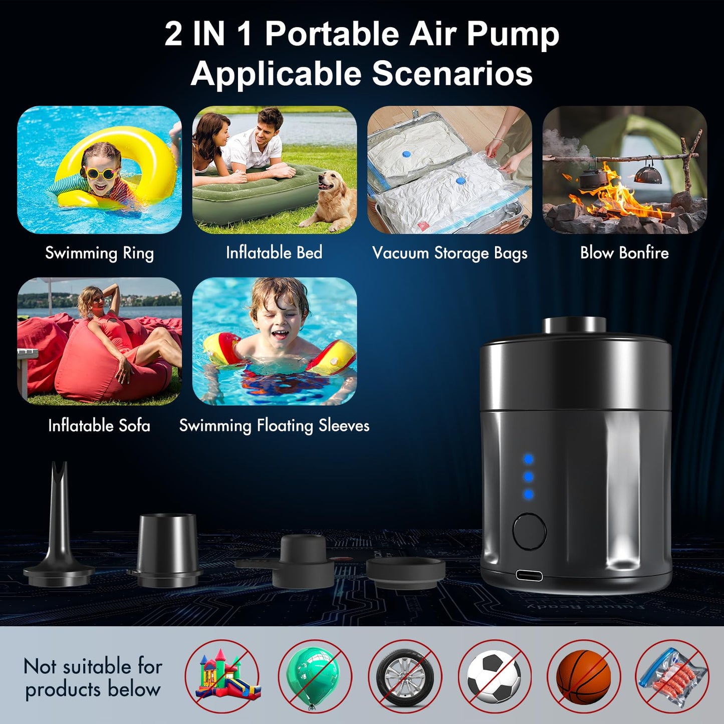 Mojimdo Portable Electric Air Pump, 5000 Pa Pump Battery, 450L/Min, Compact Air Pump with 4 Nozzles, for Camping, Air Mattress, Swim Ring, Air Cushion, Inflatable Boat, Vacuum Bag.