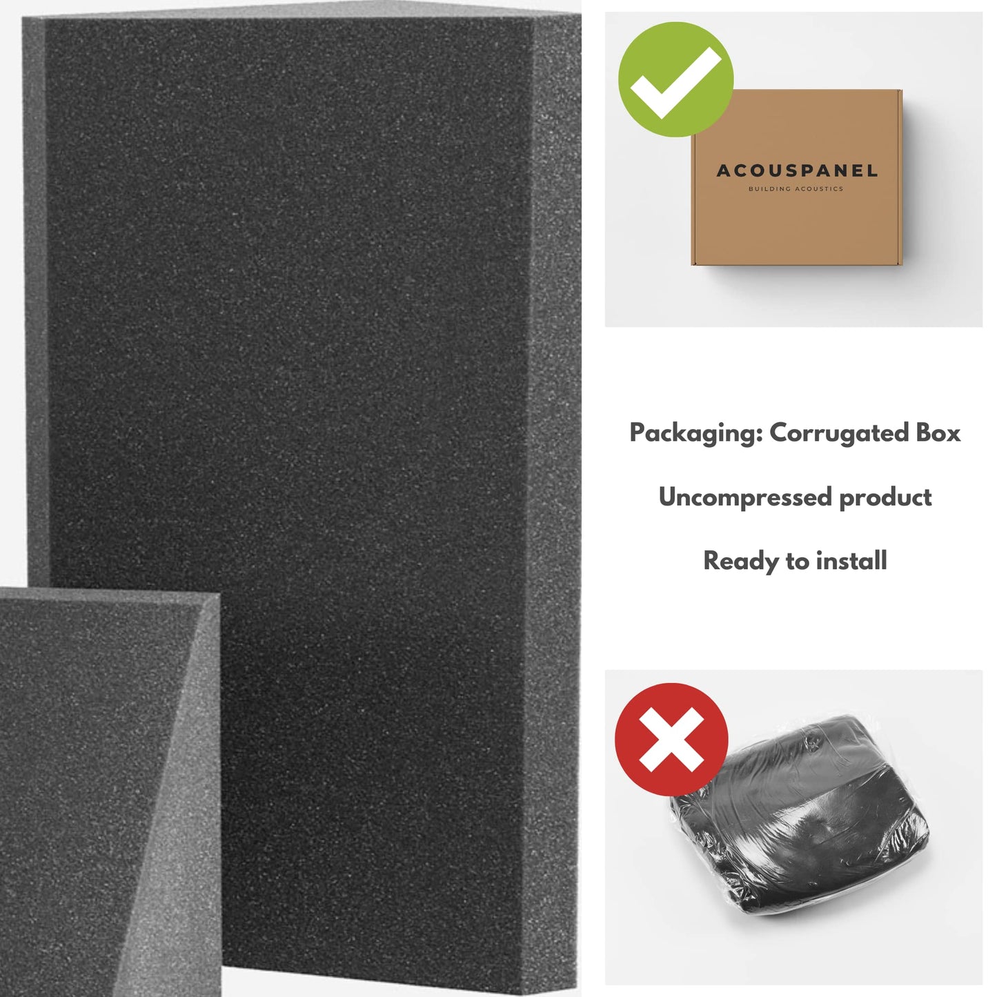 ACOUSPANEL Studio Pro Bass Trap Absorber, 2 pieces, 59x37x26cm, Uncompressed, Highly absorbent acoustic foam for low frequencies, Anthracite grey color.