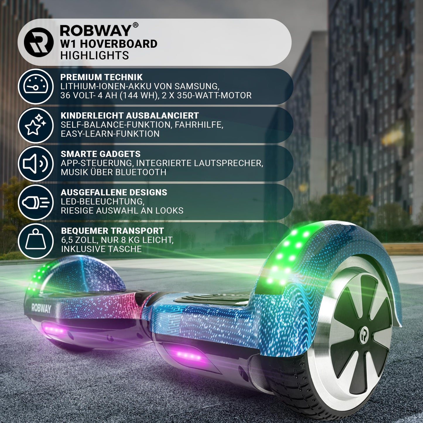 Robway W1 Hoverboard | ORIGINAL ® Hoverboards for kids, teenagers & adults - APP control - 2 x 350 Watt motors - Self-balance function - Bluetooth (Blue Chrome)