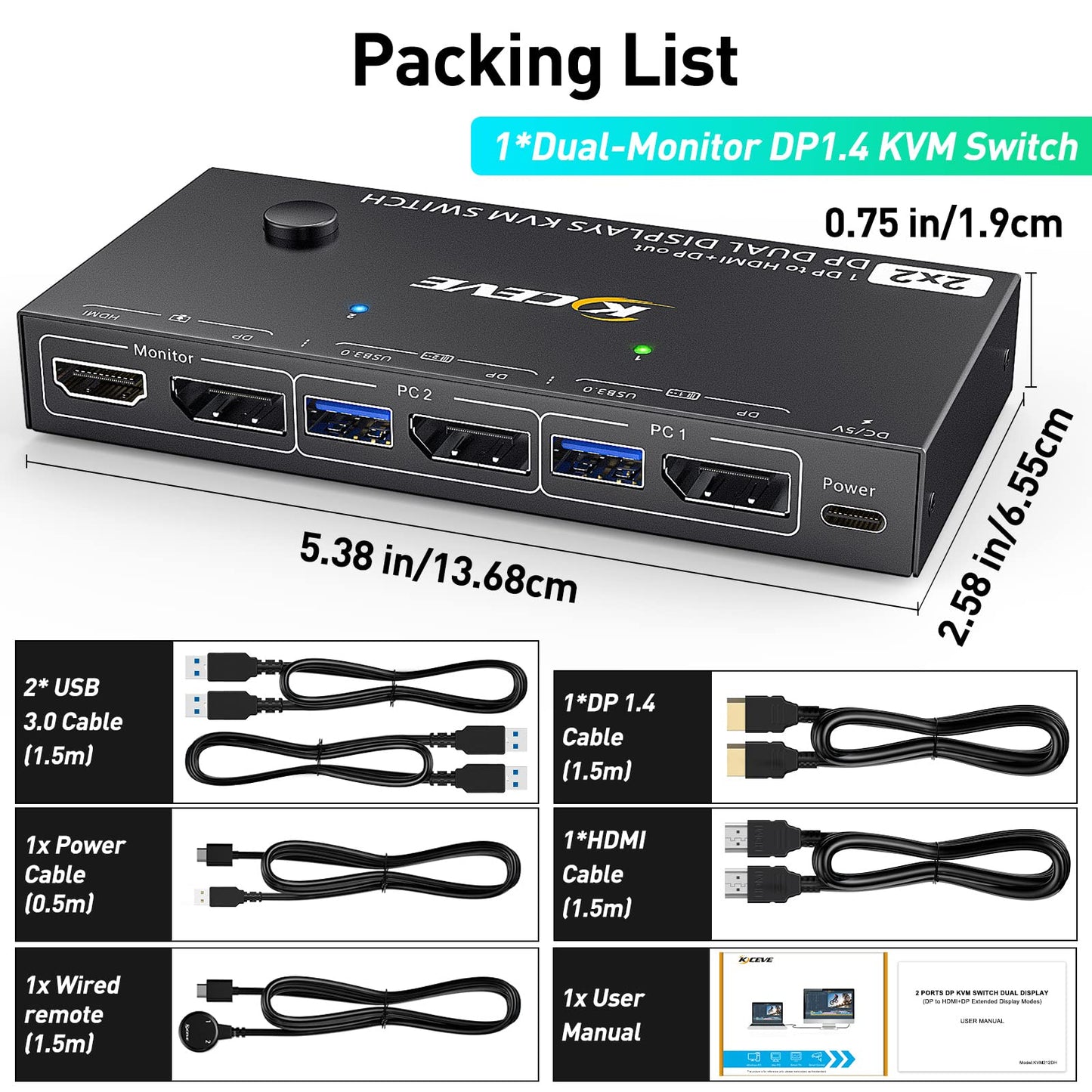 Dual Monitor DP KVM Switch, MST 2 In 2 Out DisplayPort USB3.0 KVM Switch Supports Extend and Mirror Modes, HDMI and DP monitor output for 2 computers, share 2 monitors.