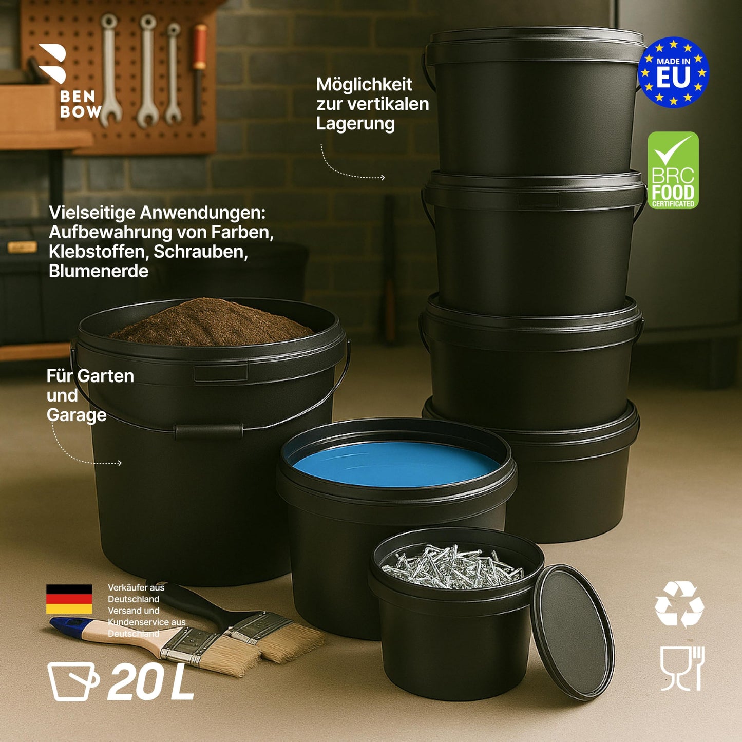 BenBow - Bucket with Lid Black 5X 20 Liters - food-safe stable airtight leak-proof odorless - Plastic storage container with metal handle - Crack-resistant grip, empty - for home
