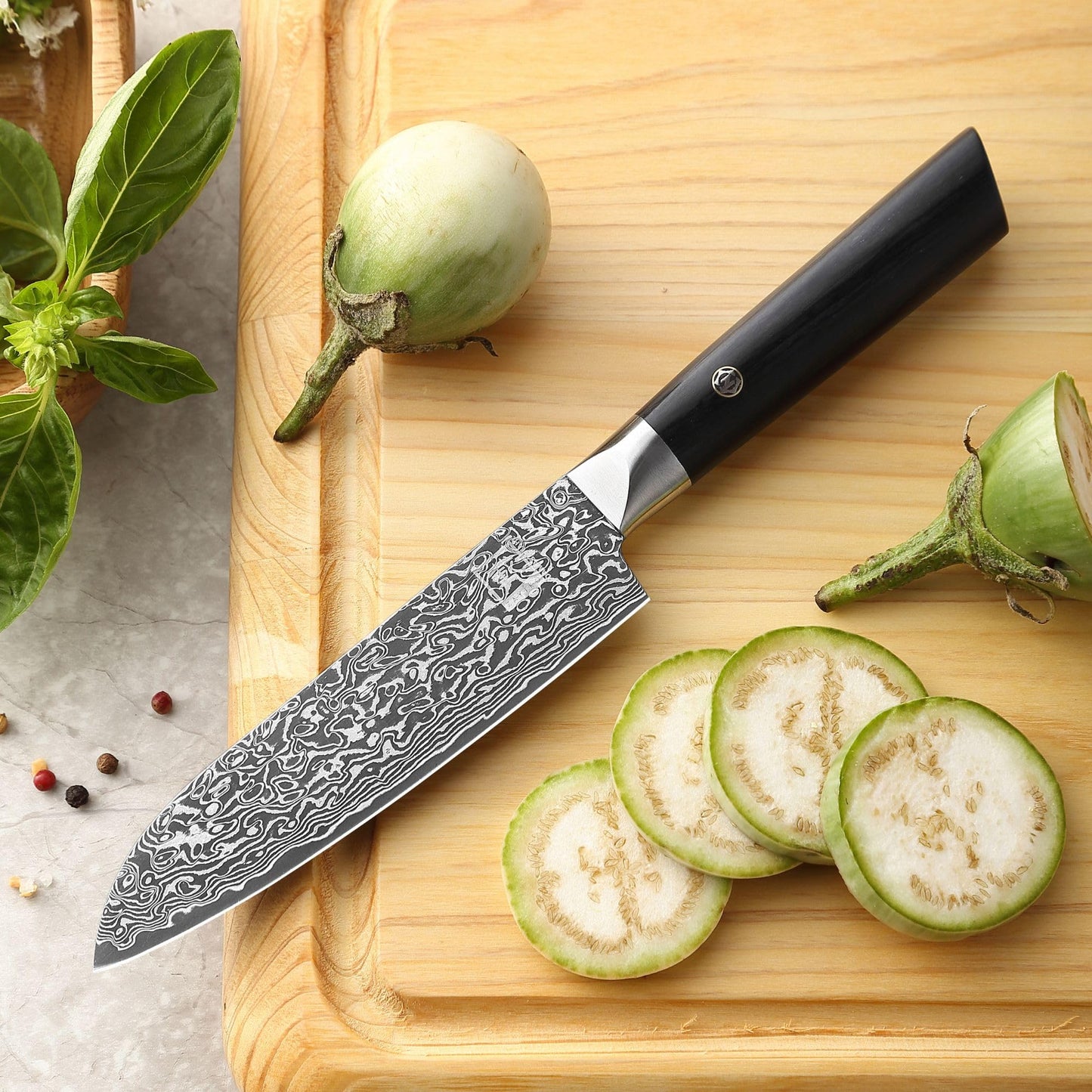 zayiko Black Edition Damascus knife small Santoku knife I 13 cm blade made of 67 layers of VG10 Damascus steel I Ergonomic Pakkawood handle I Premium kitchen knife for vegetables, meat & fruit I Gift box