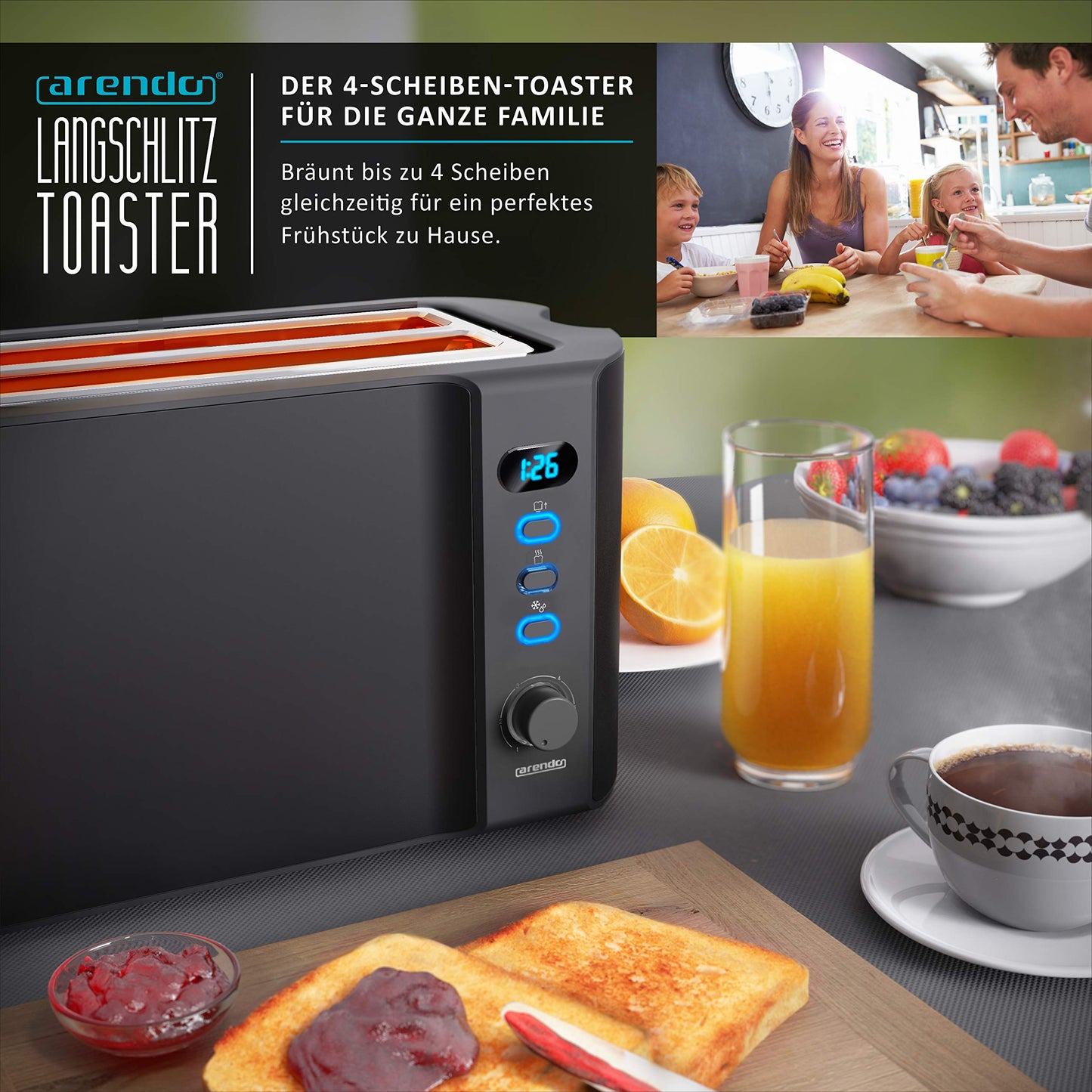 Arendo - Stainless Steel Long Slot 4 Slice Toaster - Defrost Function - heat-insulating housing - with integrated bun rack - crumb tray - display with remaining time indicator - Matt Black