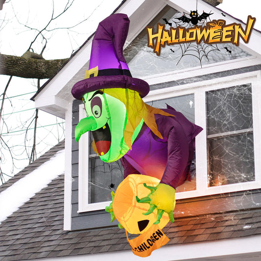 4.5 Ft Halloween inflatable witch, Halloween outdoor window decoration, ghost witches with pumpkin candy jar, built-in LED lights, Halloween inflatable Halloween decoration Garden, outdoor, party.
