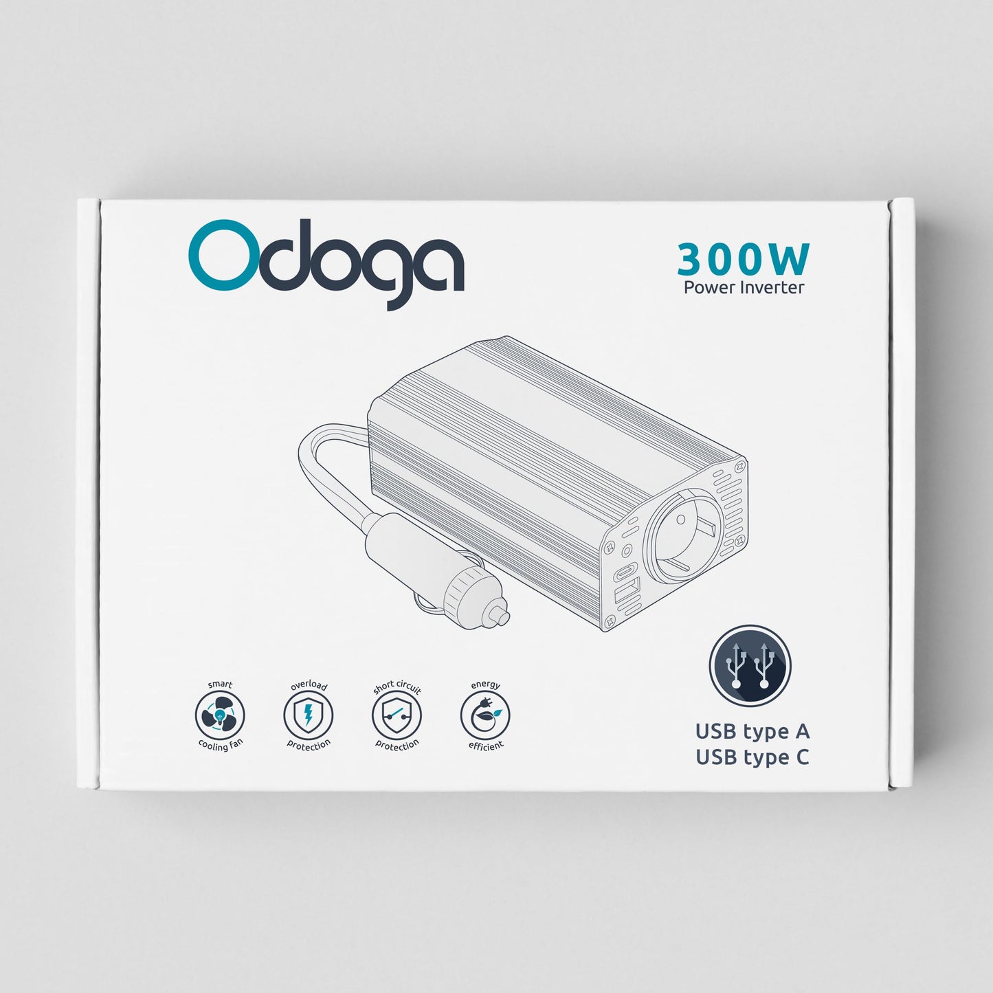 Odoga inverter 12V to 230V - 300W power converter with 3A USB-C and USB-A ports, inverter 12V 220V for car socket, charge your laptop, iPad, iPhone, tablet, and more.