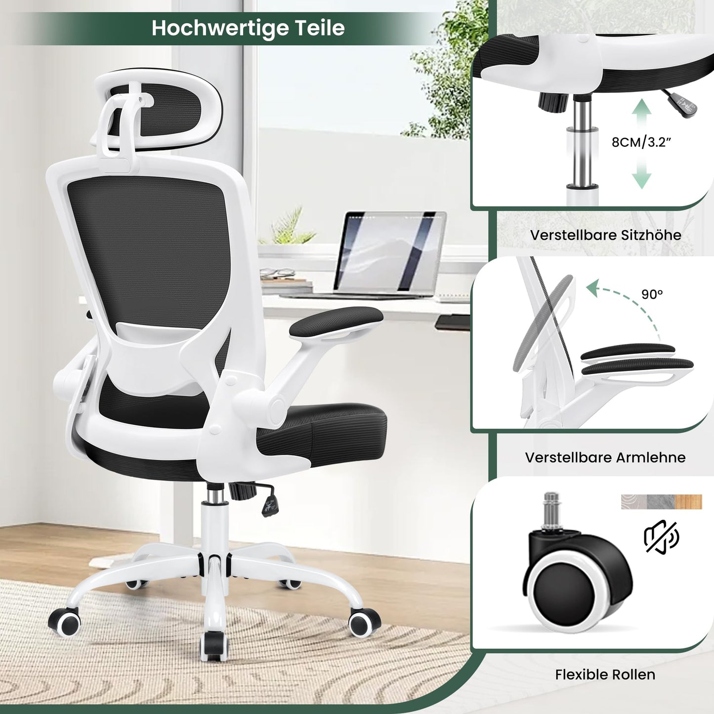 KERDOM Office Chair Desk Chair Ergonomic, Executive Chair with Adjustable Headrest, Armrests, Swivel Chair Tilt Function up to 135° Office Chair 150 kg White