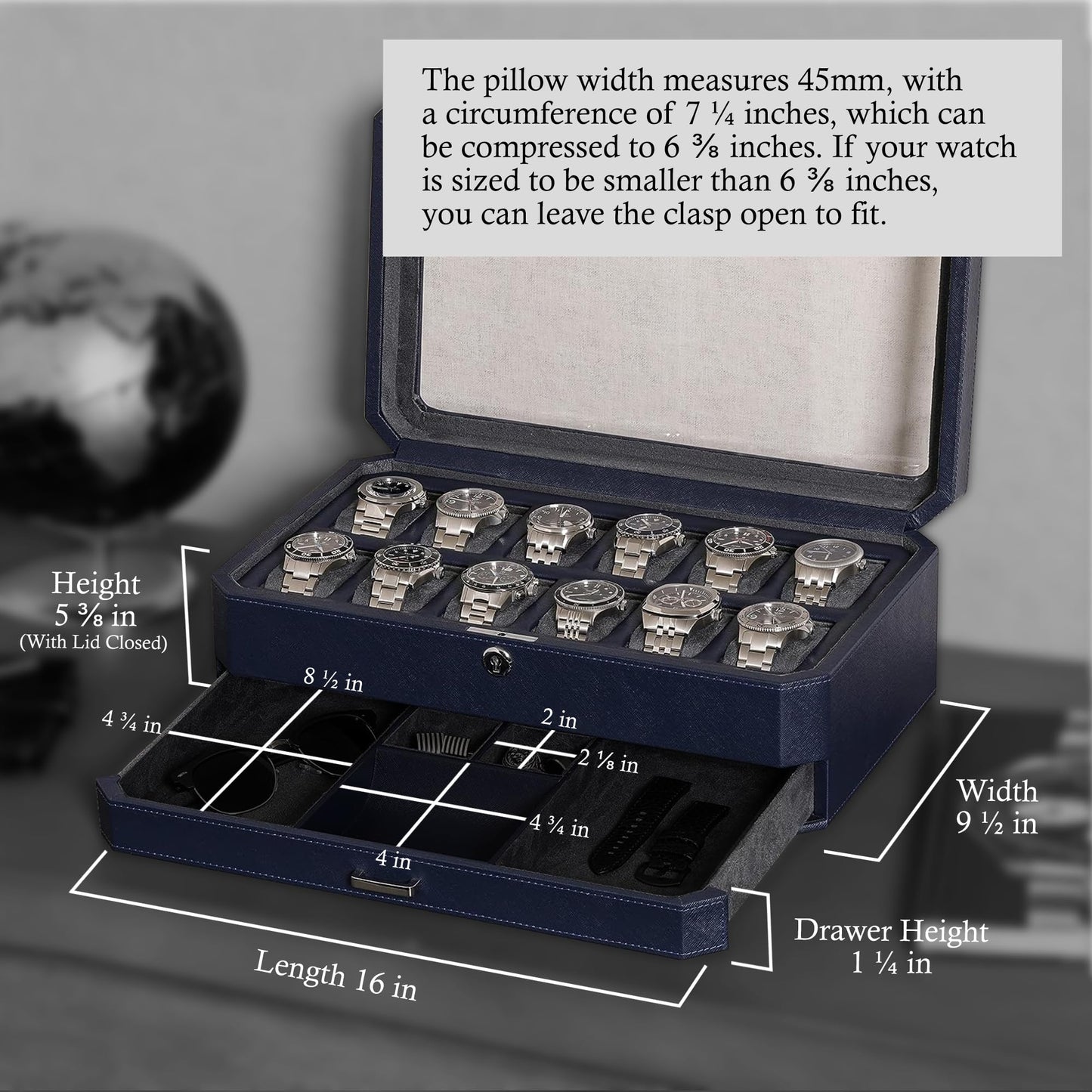 ROTHWELL 12-Slot Leather Watch Box with Valet Drawer is a luxury watch case display organizer. It features a microsuede liner and can hold men's accessories and jewelry in dark blue/grey.