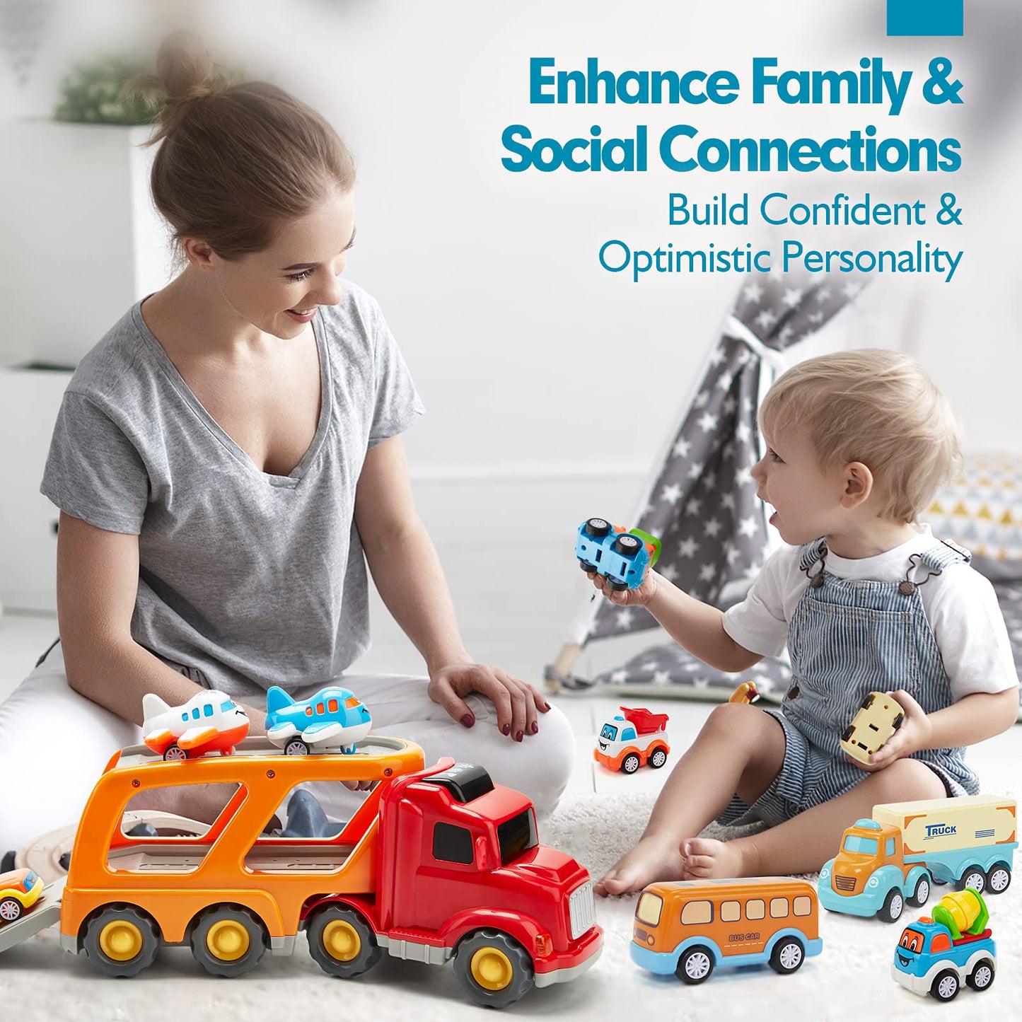 Hahaland car toy for 3 4 5 year olds, truck toy with lights and music, 10 in 1 cars transporter set kids toy, toy car gift for 3 4 5 year old boys girls.