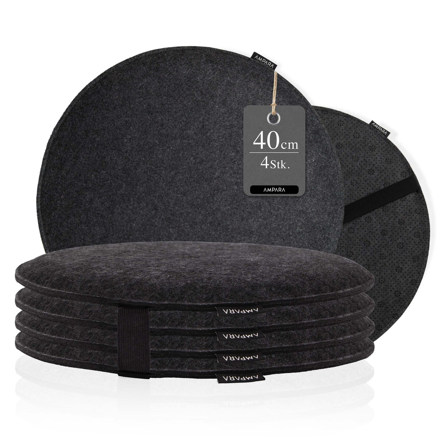 Ampara - 4 piece set - Elegant round chair cushions 40cm - non-slip & cozy, round felt seat cushions, dark gray