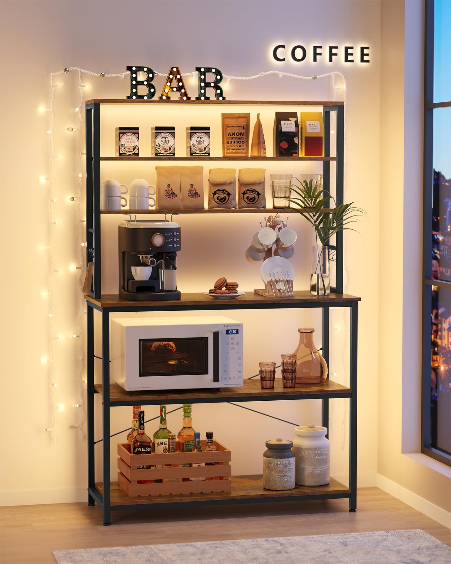 VASAGLE Kitchen Shelf, shelving unit, microwave shelf, standing, 6 shelves, 6 hooks, steel frame, industrial design, 40 x 100 x 167 cm, vintage brown-ink black KKS039K01
