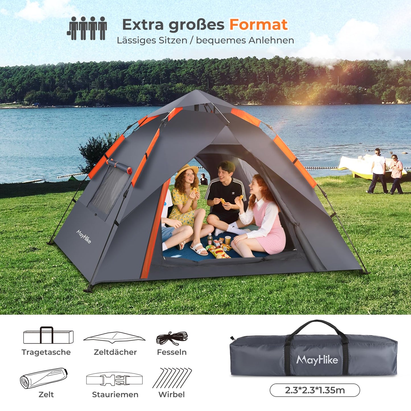 Pop-up camping tent for 2-4 people | 100% waterproof & wind-resistant family tent | 230x230x135 cm + 2 doors with ventilation mesh | Perfect for campsites & summer festivals | Includes tent bag