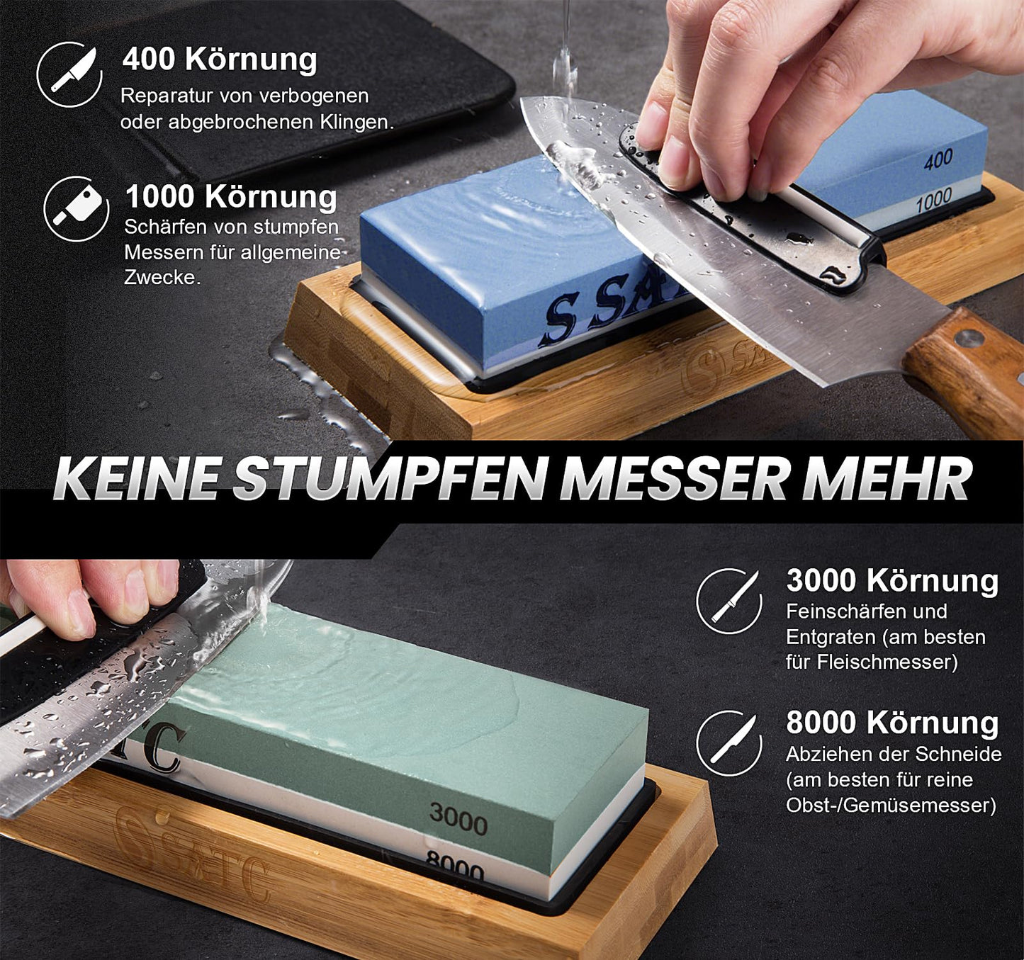 S SATC Premium Sharpening Stone Knife 400/1000/3000/8000 Grit - Precision sharpening for kitchen knives - Knife sharpening stone set