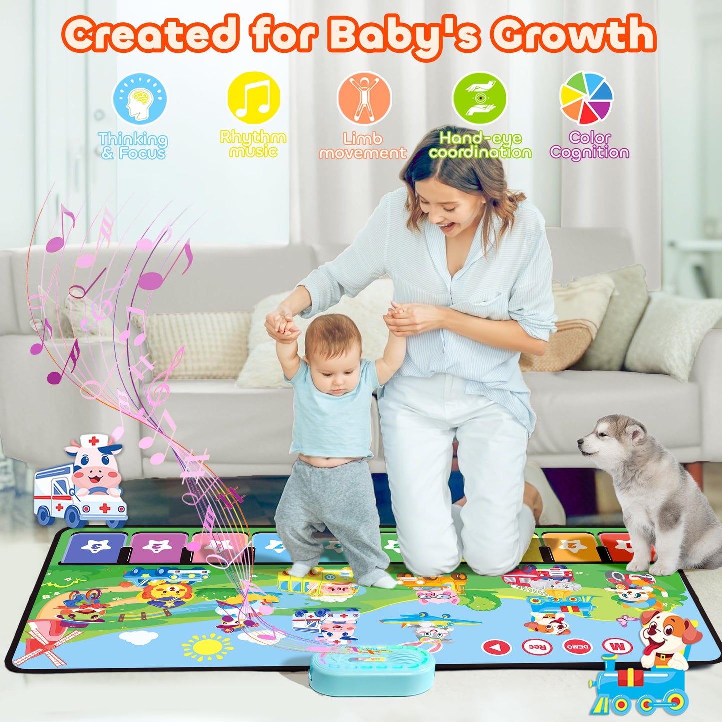MOMUSE Baby Toy for 1+ year olds with 80 sounds, Large music mat featuring 10 animals & 10 vehicles, Piano mat with soft lights, 10+ volume levels, Gifts for boys girls 1 2 3 (110cm*45cm)