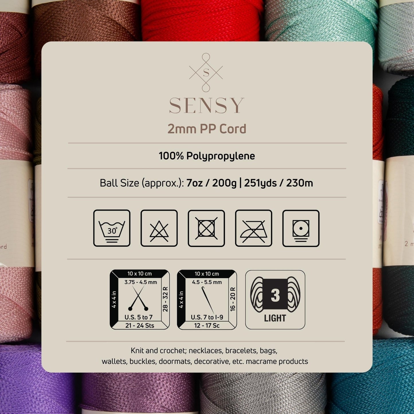 5 skeins of Sensy Premium 2mm 230m polyester rope, 100% polypropylene macrame cord 2mm crochet bag macrame rope crochet yarn gift for knitting (Black)