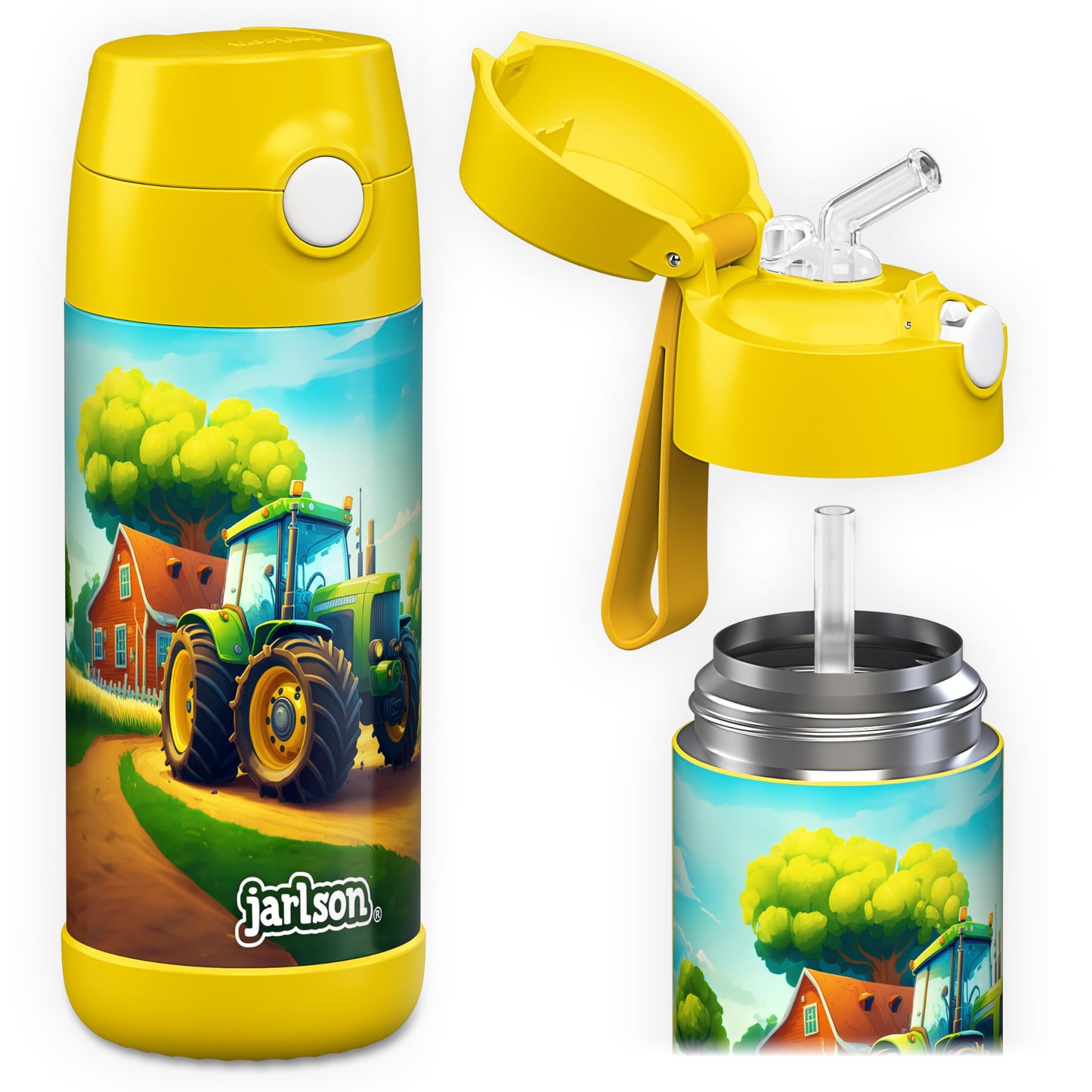 Jarlson® Stainless Steel Kids Water Bottle CHARLI with Straw - Thermos Bottle 350ml - TUV certified - BPA free - Leakproof - Thermal Water Bottle for School, Kindergarten - Tractor design, 350 ml