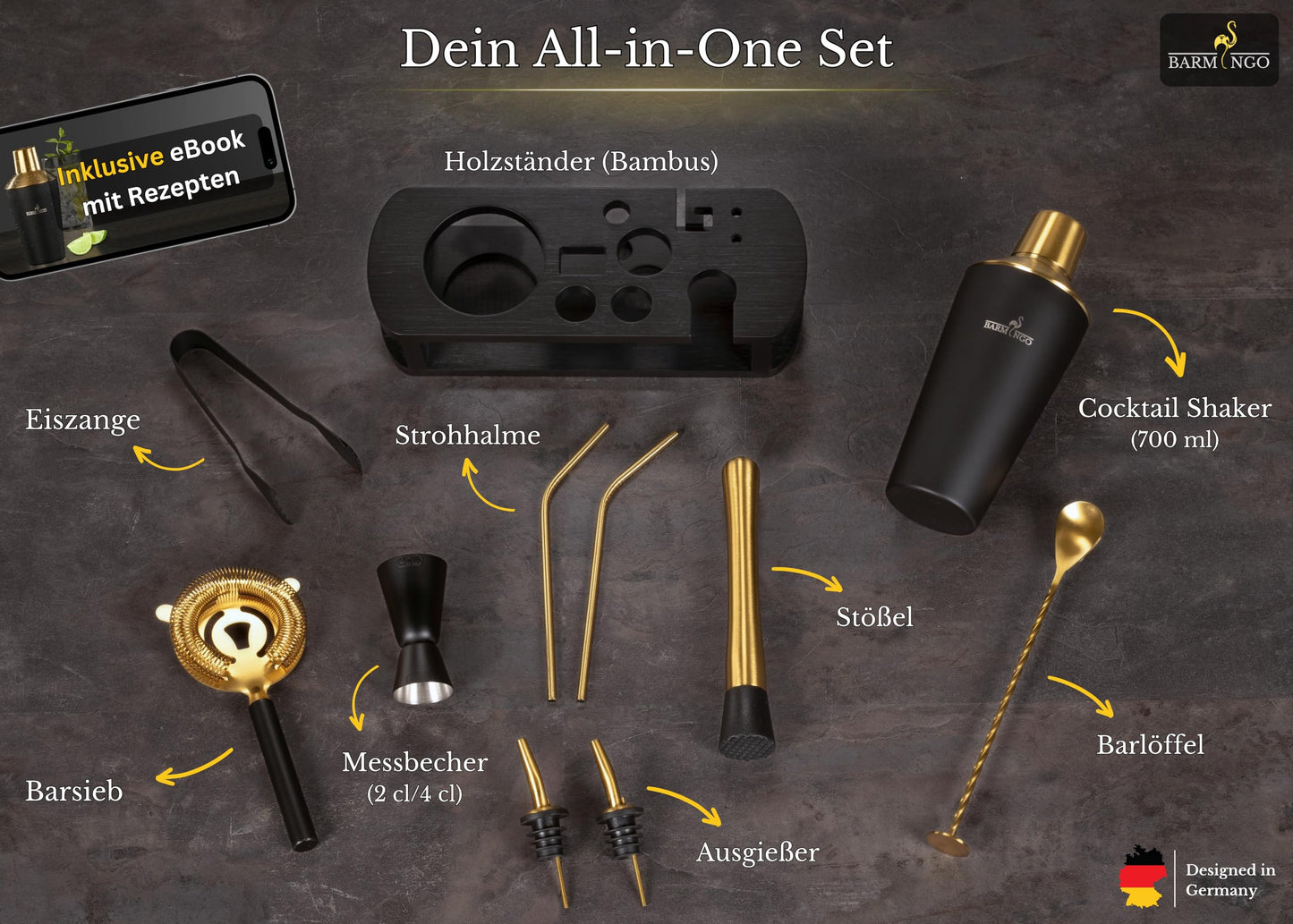 BARMINGO® Stainless Steel Cocktail Set 11pcs. - 700ml Cocktail Shaker Set with Stand and Bar Accessories, Cocktail Shaker Set | Bartender Set | Cocktail Mixing Set | Bar Set | Gift Set | Black & Gold