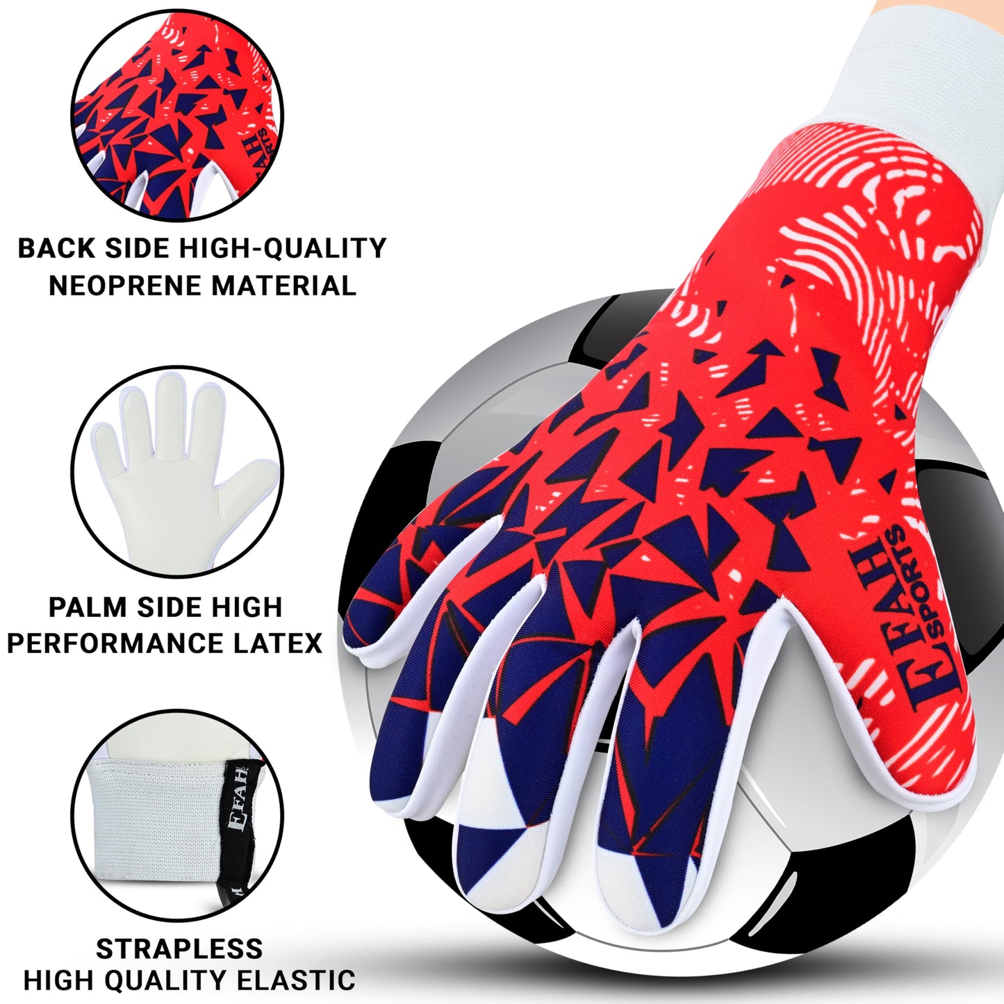 EFAH SPORTS goalkeeper gloves for kids and adults with padded palm, breathable and strong grip soccer gloves (Red, Size 5 suitable for 9 to 12 years old, Ambidextrous)