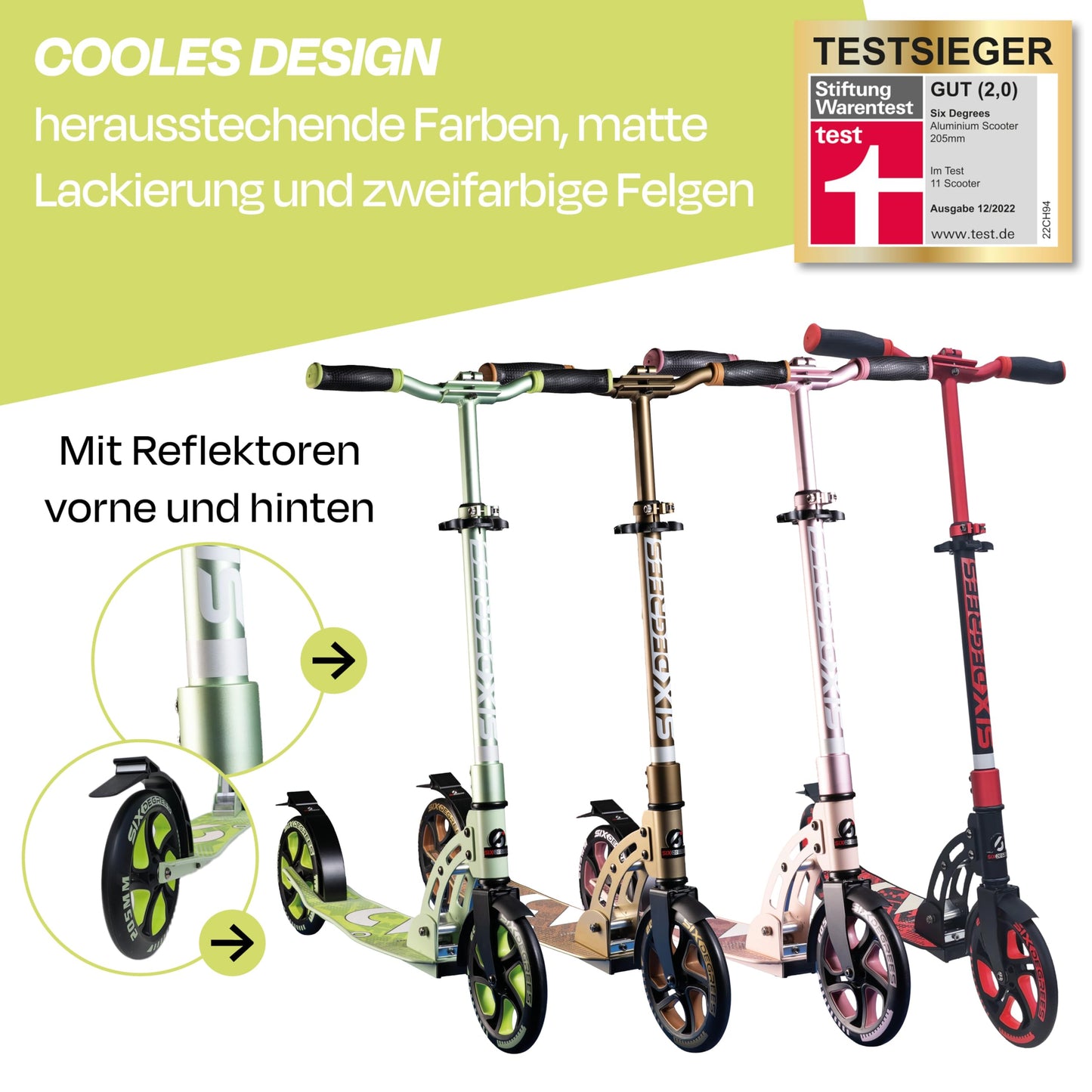Six Degrees aluminum scooter with folding mechanism and stand, 205 mm, height adjustable, GS tested Lime Dream, TEST WINNER
