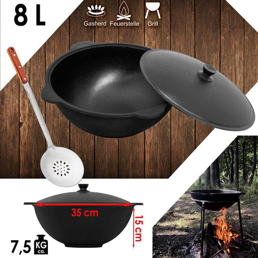 4BIG.fun Kazan 8 L made of cast iron with ladle NAMANGAN Kazan Uzbek with lid Cast Iron Kettle Uzbek Camping Uzbek Wok Pan Asia Wok Pot with aluminum lid Grill Wok Cast Iron Pot Wok Pan