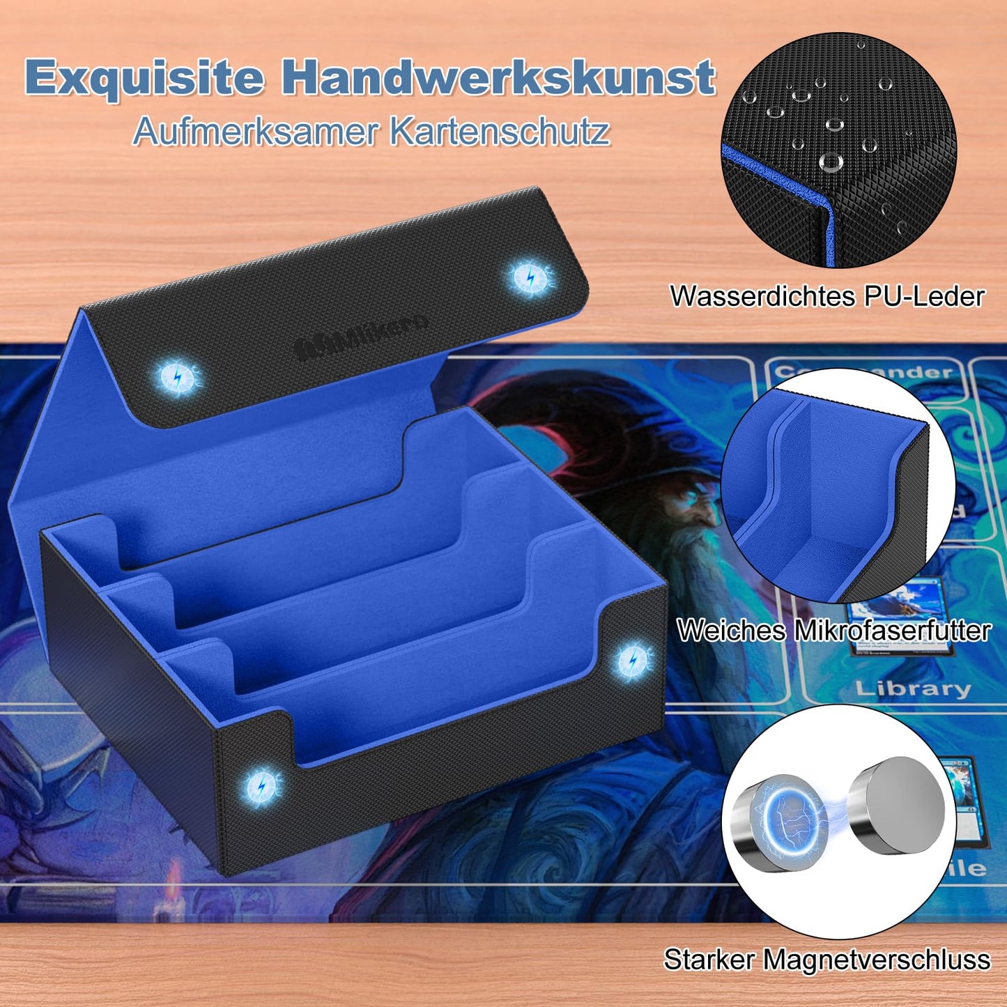 Mlikero card storage box for 1800+ cards, Magnetic card deck box fits MTG and sports cards, Premium Commander card deck box with 10 compatible card dividers (Black&Blue)