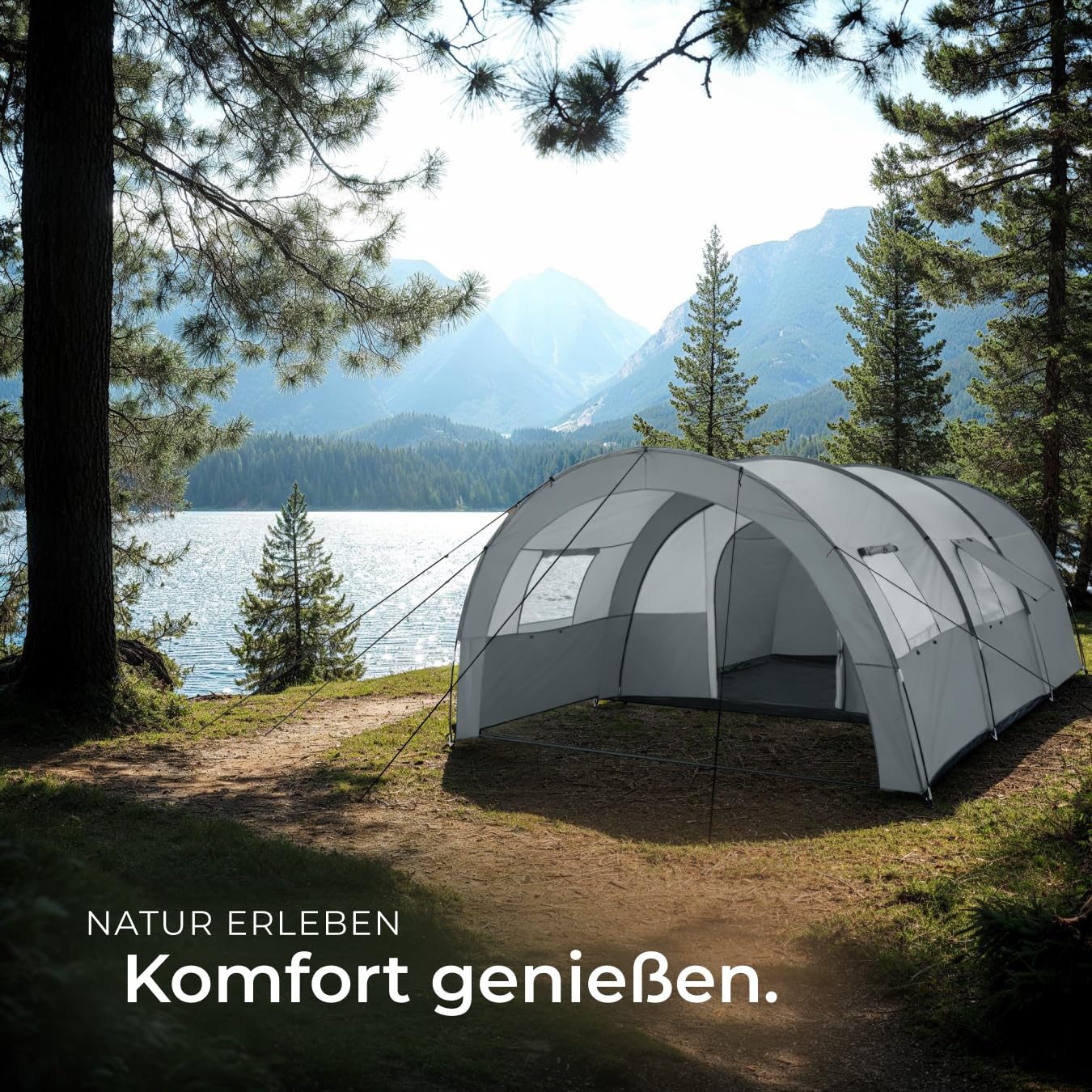 TECTAKE® tunnel tent, 6 people, family tent, large tent with awning and floor mat, UV protection, camping tent including carrying bag, 350 x 480 x 195 cm - dark gray/light gray.