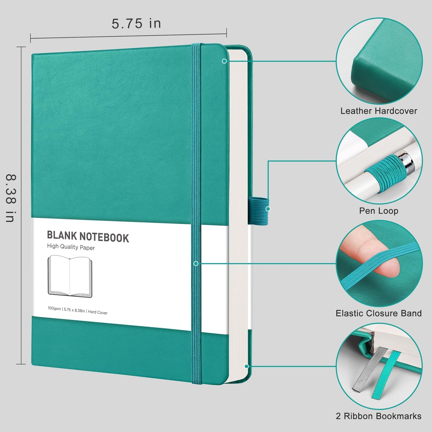 RETACY Notebook A5 Blank 2 Pack - 384 pages Unlined Notebooks with 100gsm Blank Paper, Pen Loop, Inner Pocket, for Sketching School Women Men 14.5 x 21cm-Cyan