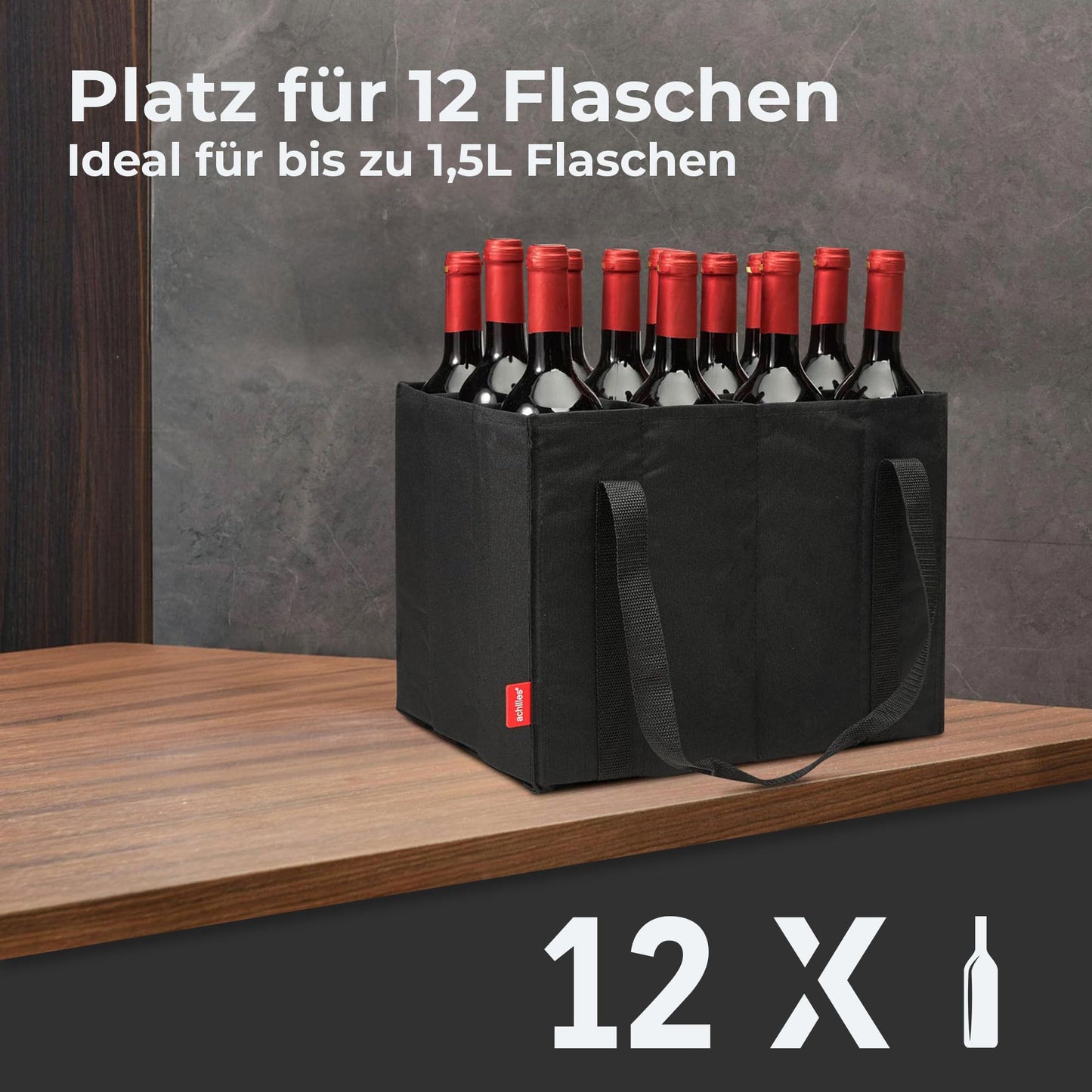 Achilles bottle holder with 12 compartments for 1.5 liters each. Tear-resistant bottle carrier with Velcro fastening. Foldable with dividers for water bottles, wine, and beer. Black.