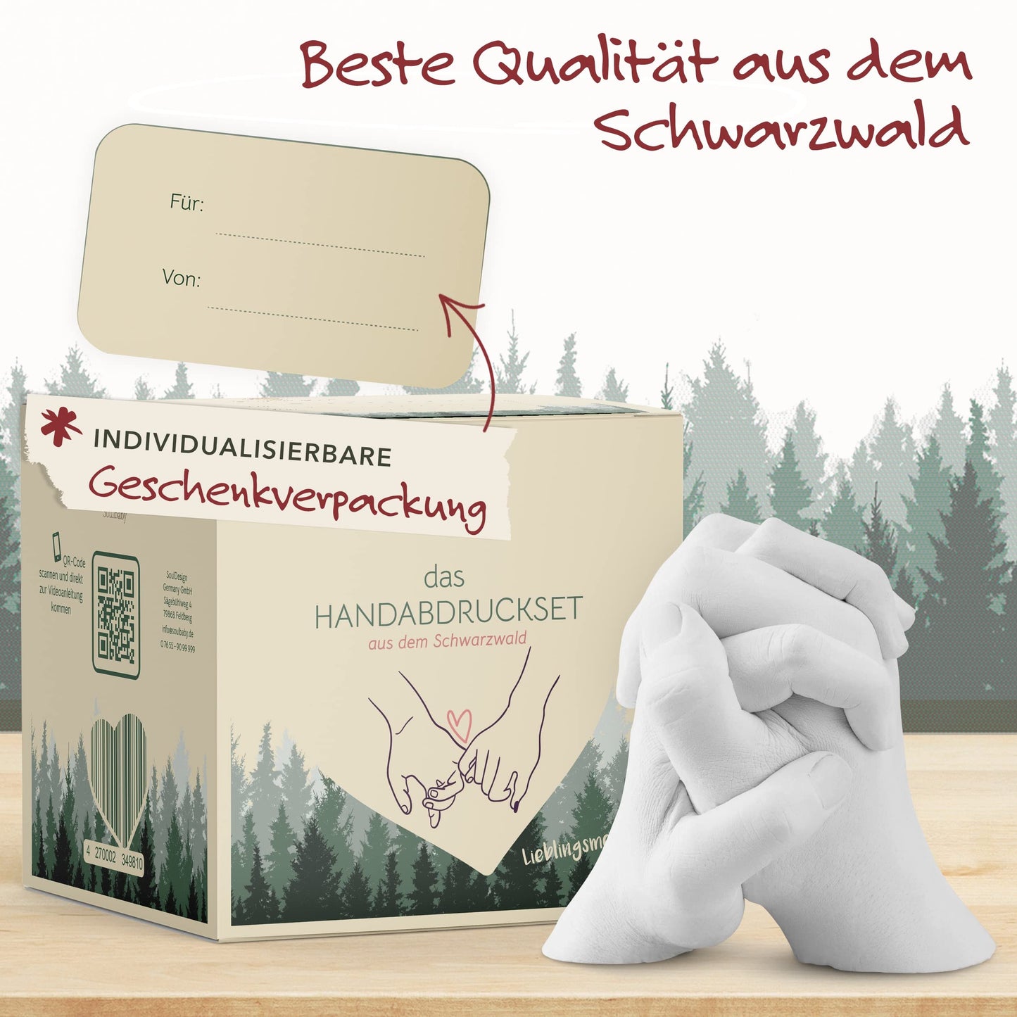 SOULBABY® 3D Handprint Set for couples with gift packaging I Plaster casting kit with extra large bucket I 100% Black Forest Made I Premium plaster hand casting couple with video instructions