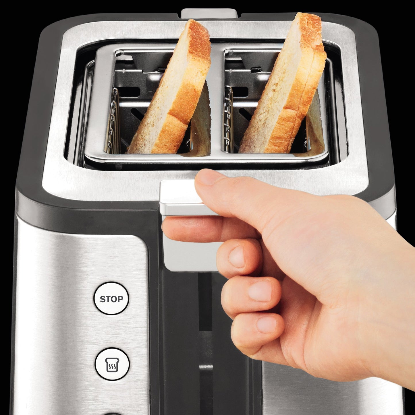 Krups KH442D Control Line Premium Toaster, stainless steel, 2 short slots for 2 slices, bun warmer, 6 browning levels, 850 W, 23.6 x 32.4 x 20.2 cm, silver/black.