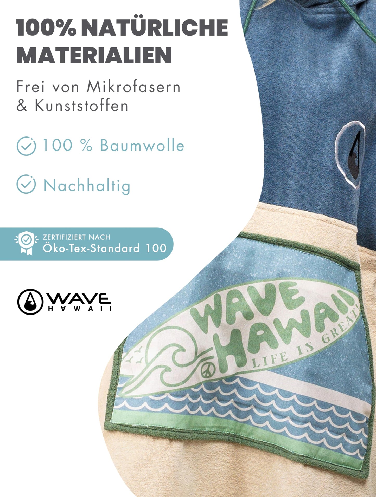 WAVE HAWAII Bath Poncho Women & Men Curitiba | Size L, 170-200cm | 100% Cotton Surf Poncho Adult | Terry Cloth Towel with High Water Absorption | Changing Aid Beach Adult