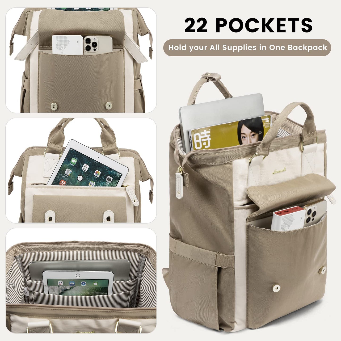 LOVEVOOK backpack for women, large laptop school backpack for girls teenagers 17 inches with data cable bag, waterproof travel backpack school bag backpack elegant for university work business travel beige