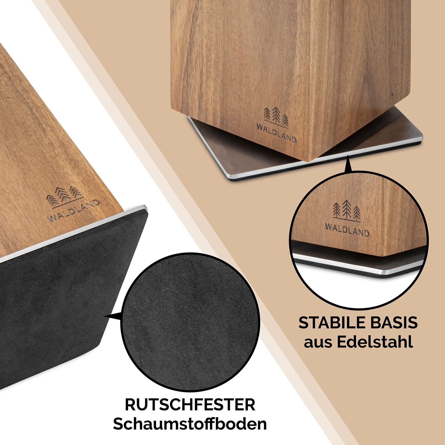 WALDLAND Premium knife block without knives I Magnetic and 360° rotatable knife block made of elegant and sturdy acacia wood I Magnetic knife holder for knives I Wooden block kitchen organizer