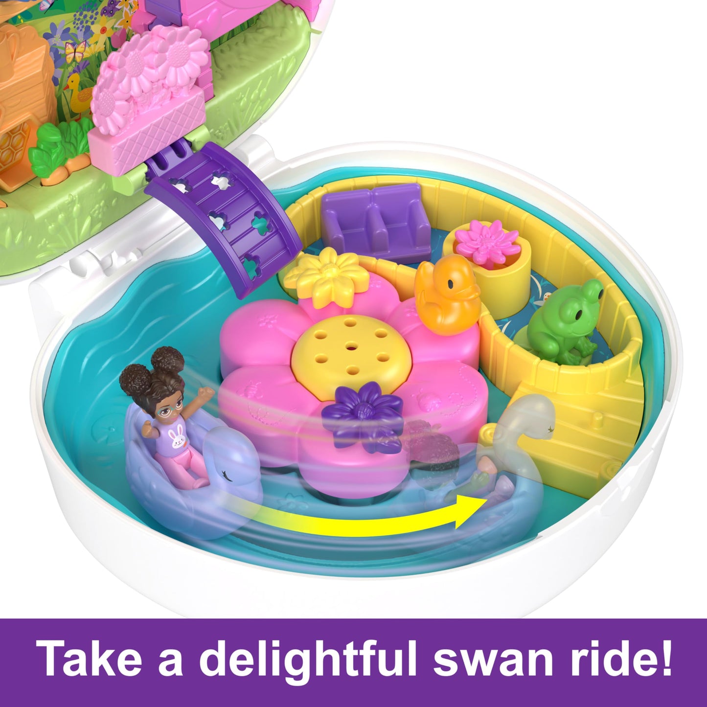 Polly Pocket Flower Bunny Compact - Playset with water fun and color change effect, 2 dolls, 12 accessories, and 5 features, for kids ages 4 and up, HKV36