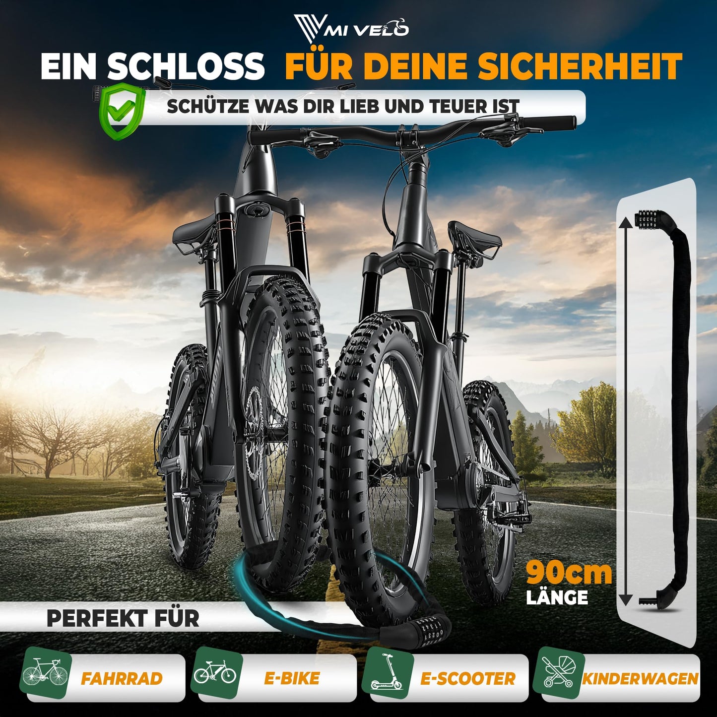 MIVELO bike lock chain lock high security - lock bike I bike lock extra secure & sturdy with number code (individual PIN) 90cm